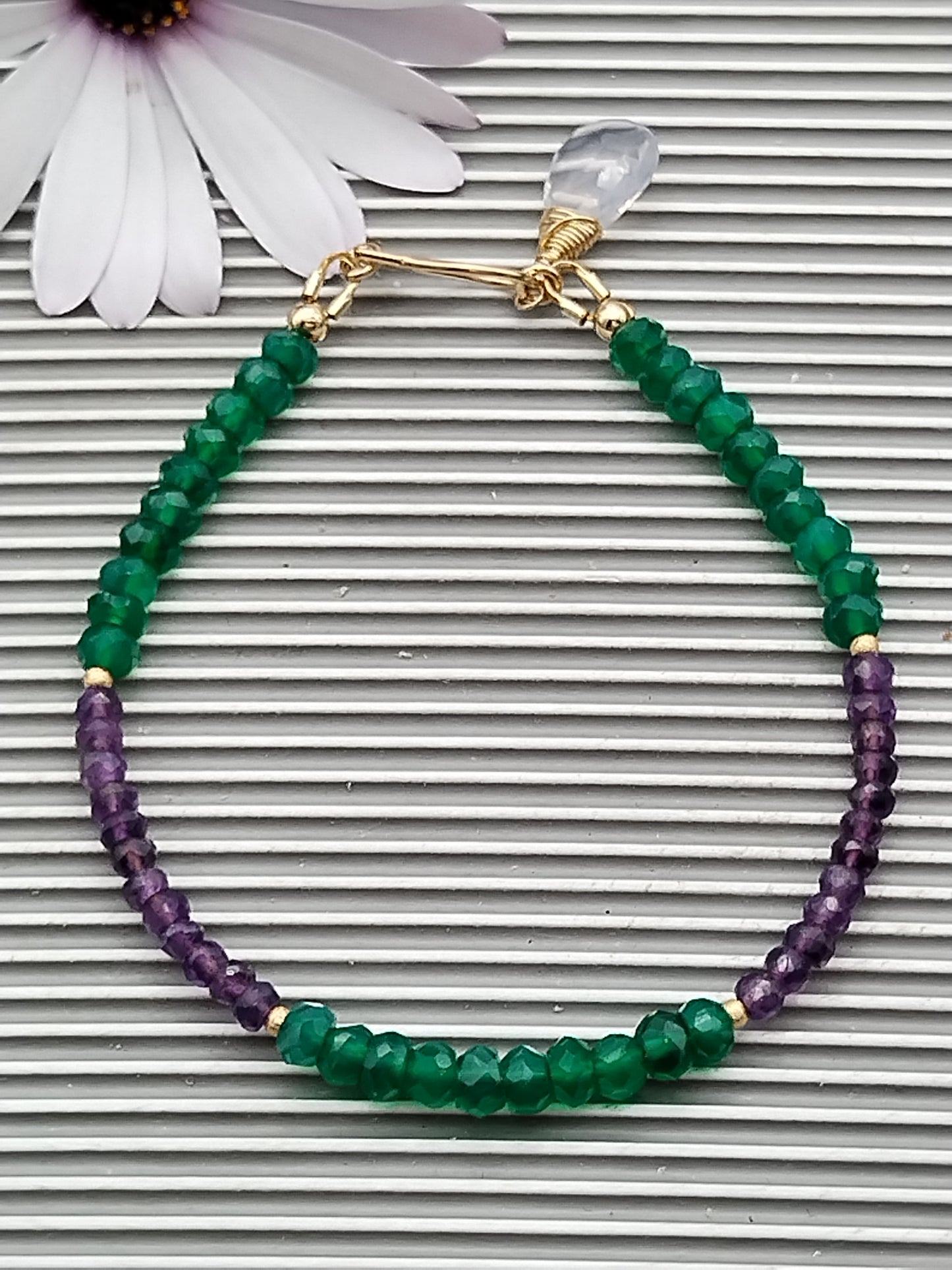 Green Onyx & Amethyst Rondelle Bracelet, Gemstone 14k Gold Filled Bracelet