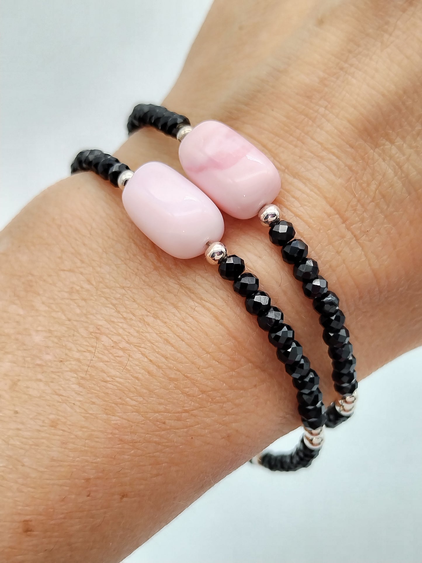 Peruvian Pink Opal & Black Spinel Beaded Bracelet, Gemstone Sterling Silver 925