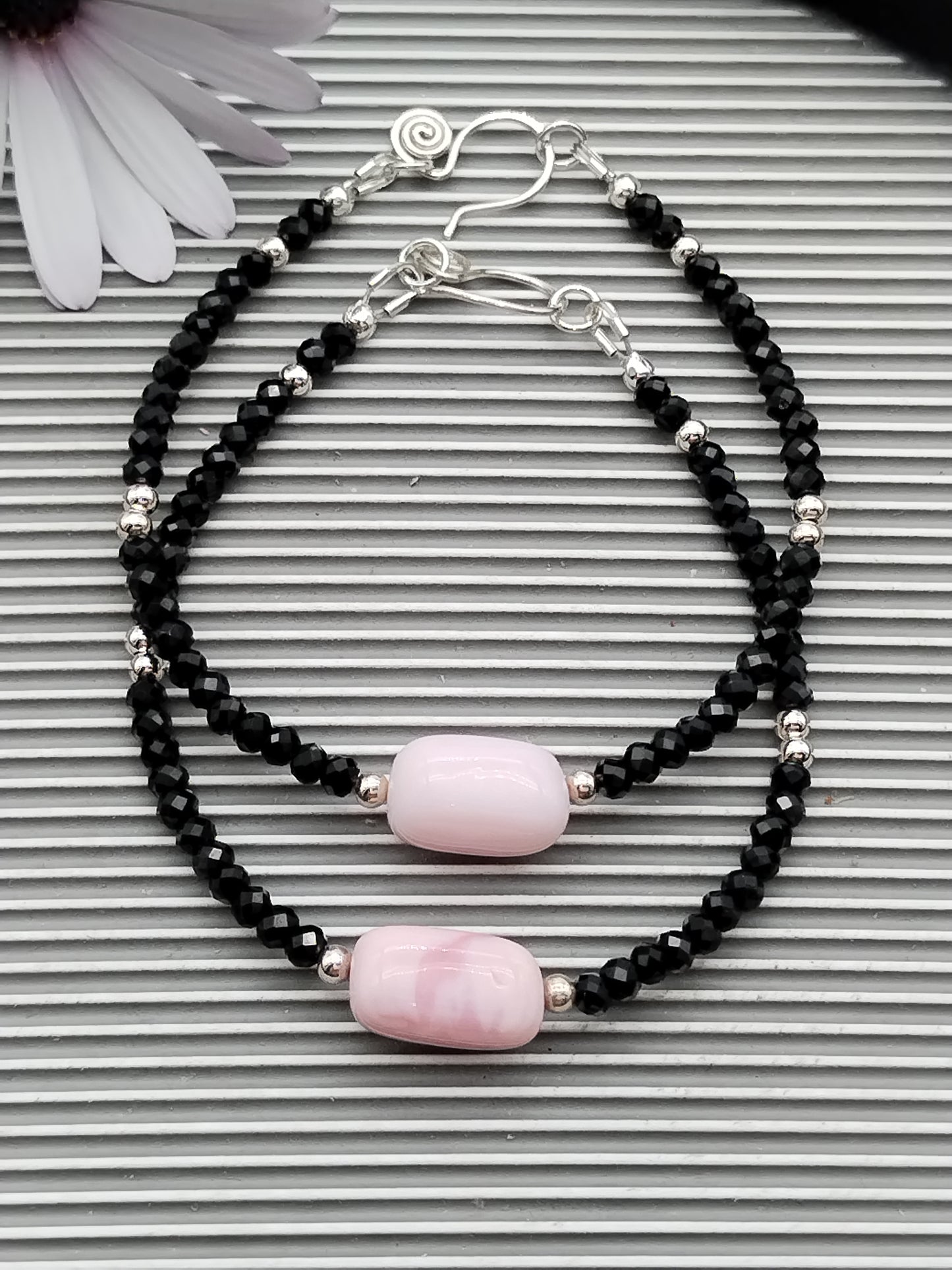 Peruvian Pink Opal & Black Spinel Beaded Bracelet, Gemstone Sterling Silver 925