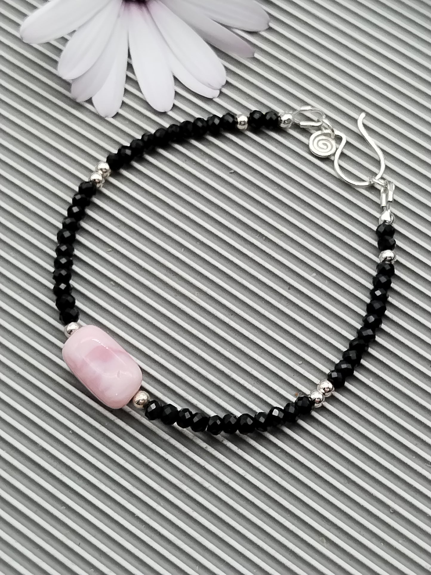 Peruvian Pink Opal & Black Spinel Beaded Bracelet, Gemstone Sterling Silver 925