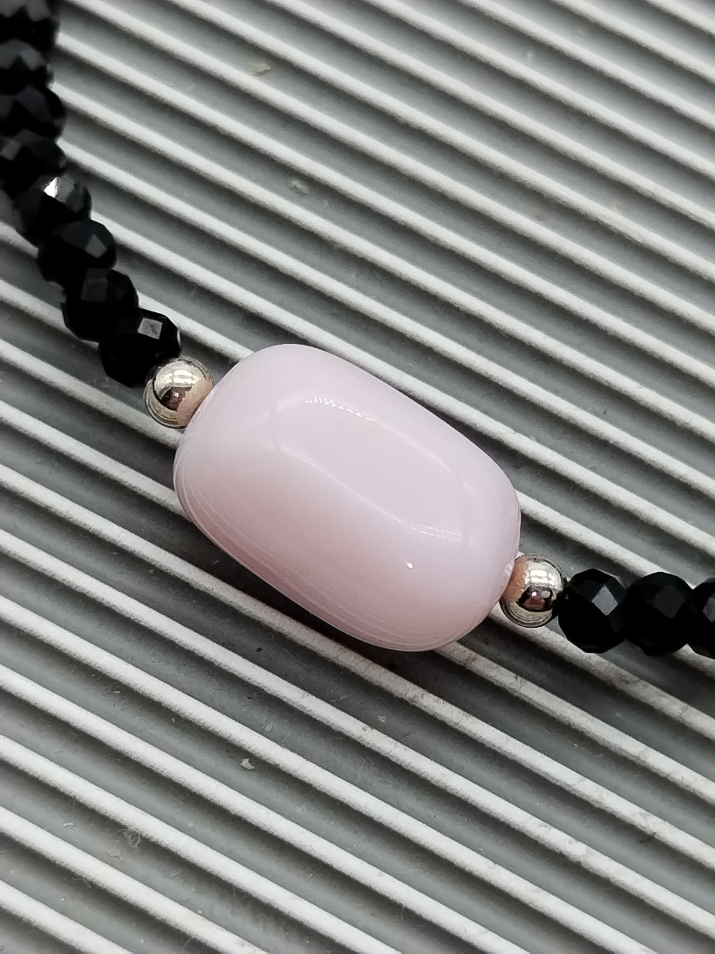 Peruvian Pink Opal & Black Spinel Beaded Bracelet, Gemstone Sterling Silver 925