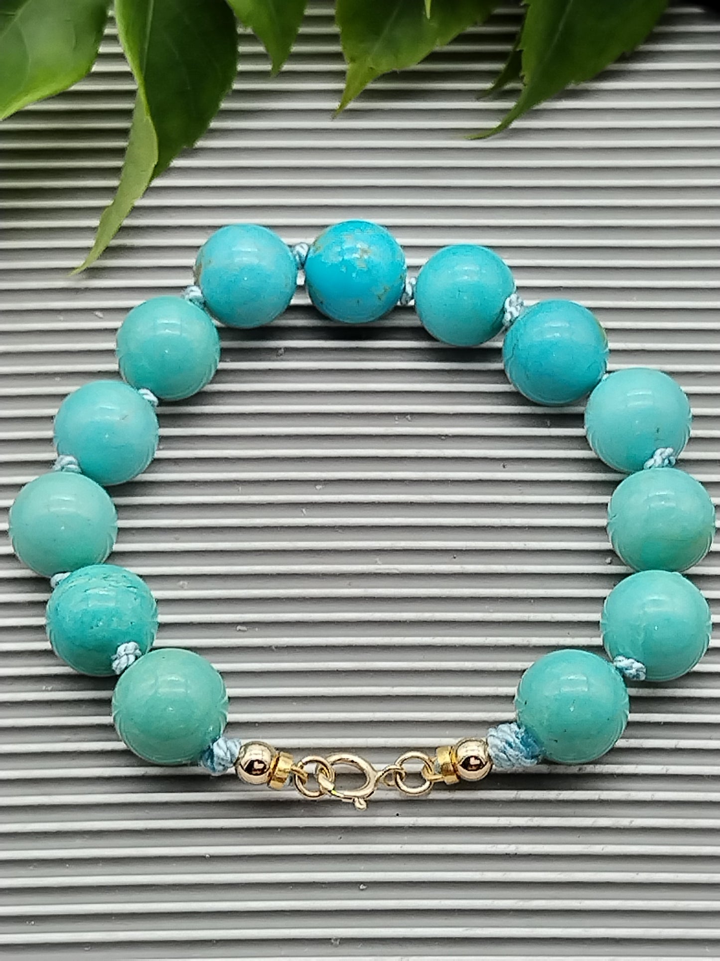 Large Campitos Turquoise Beaded Bracelet, Turquoise White - Yellow Solid Gold Bracelet, Minimalist Gemstone Bracelett