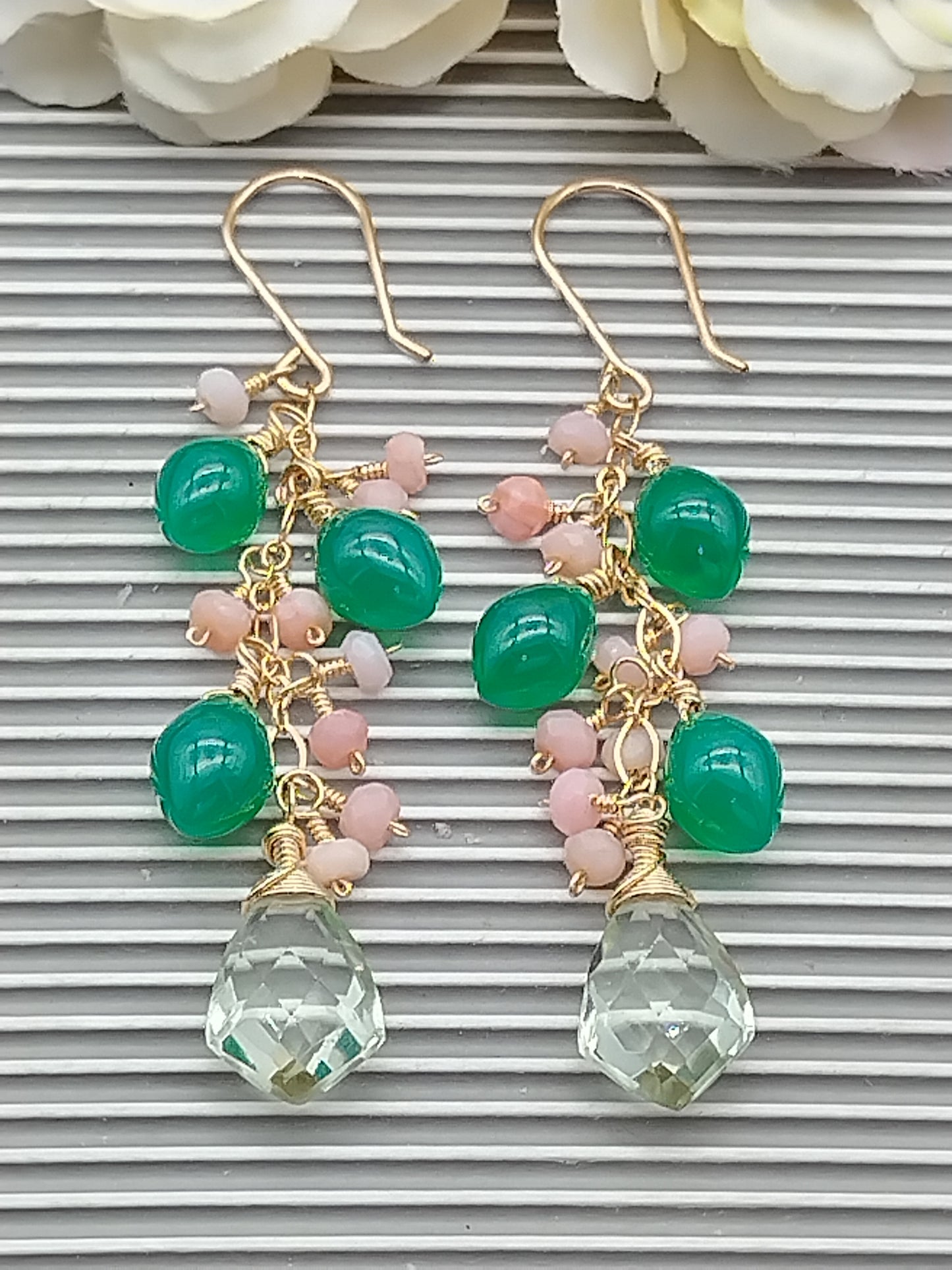 Green Onyx Dangle Long Earrings, Gemstone 14k Gold Filled Earrings, Prasiolite, Green Onyx, Pink Opal Cascade Earrings