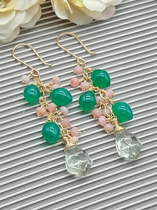 Green Onyx Dangle Long Earrings, Gemstone 14k Gold Filled Earrings, Prasiolite, Green Onyx, Pink Opal Cascade Earrings