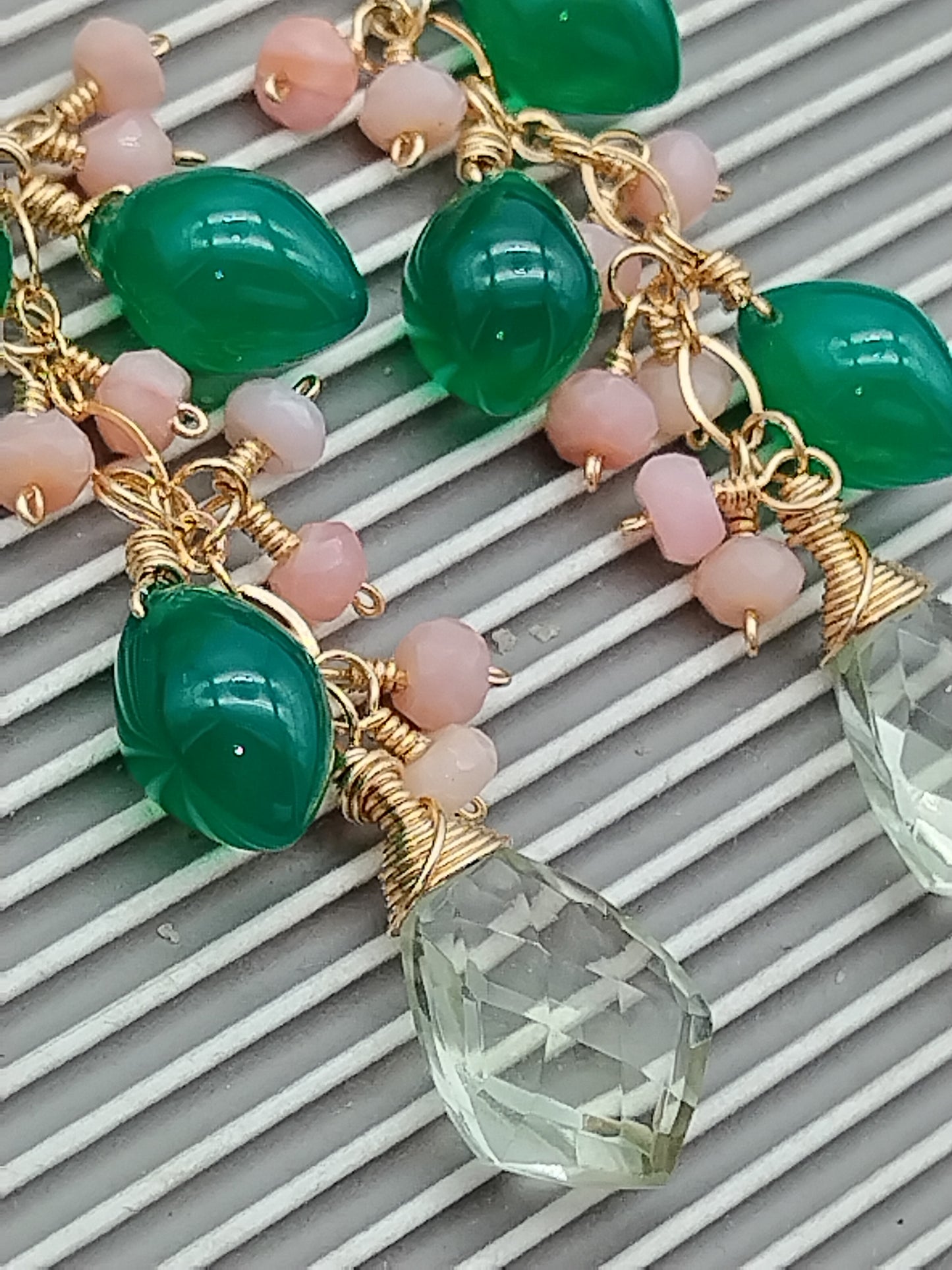 Green Onyx Dangle Long Earrings, Gemstone 14k Gold Filled Earrings, Prasiolite, Green Onyx, Pink Opal Cascade Earrings