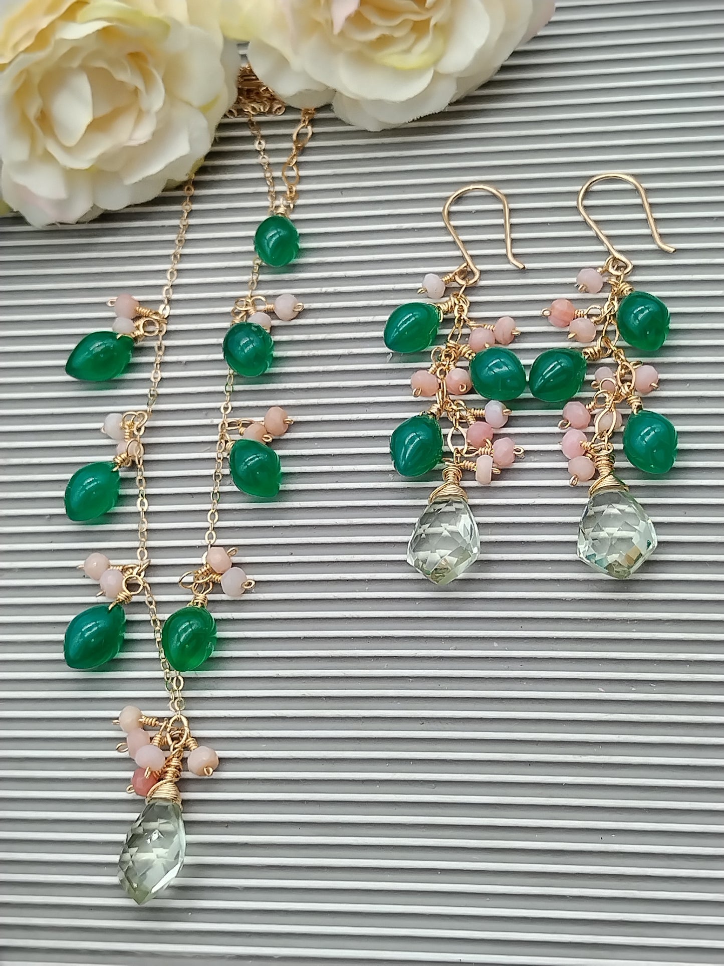 Green Onyx Dangle Long Earrings, Gemstone 14k Gold Filled Earrings, Prasiolite, Green Onyx, Pink Opal Cascade Earrings