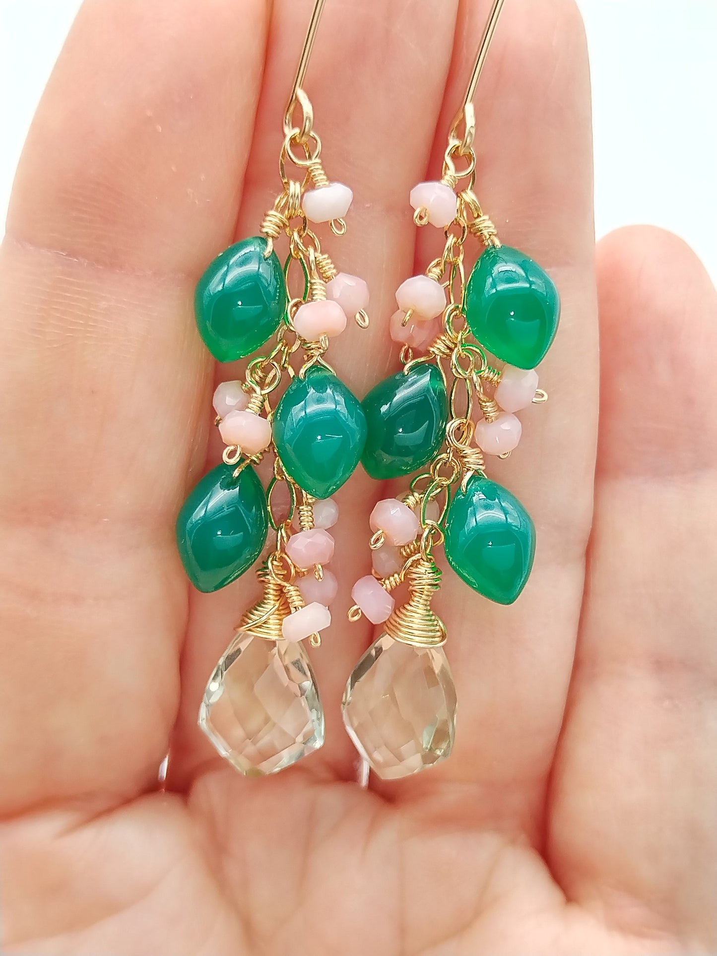 Green Onyx Dangle Long Earrings, Gemstone 14k Gold Filled Earrings, Prasiolite, Green Onyx, Pink Opal Cascade Earrings