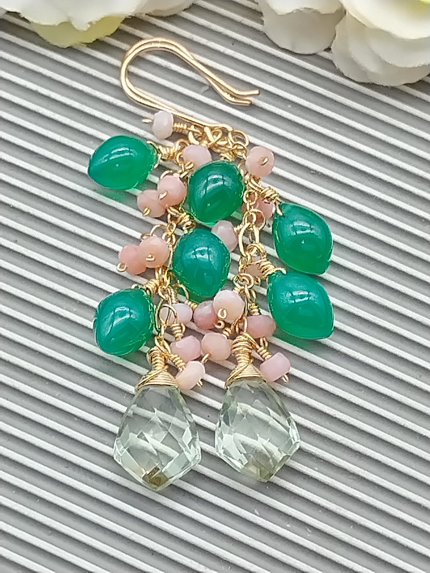 Green Onyx Dangle Long Earrings, Gemstone 14k Gold Filled Earrings, Prasiolite, Green Onyx, Pink Opal Cascade Earrings