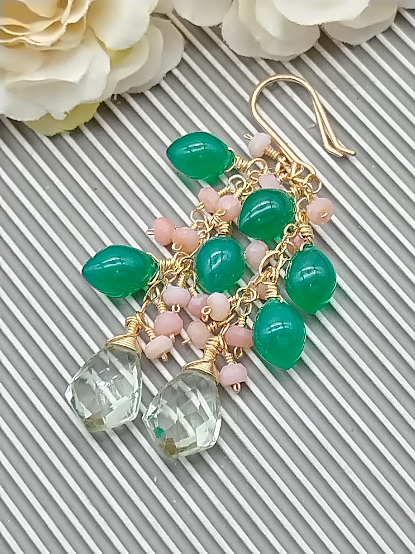 Green Onyx Dangle Long Earrings, Gemstone 14k Gold Filled Earrings, Prasiolite, Green Onyx, Pink Opal Cascade Earrings