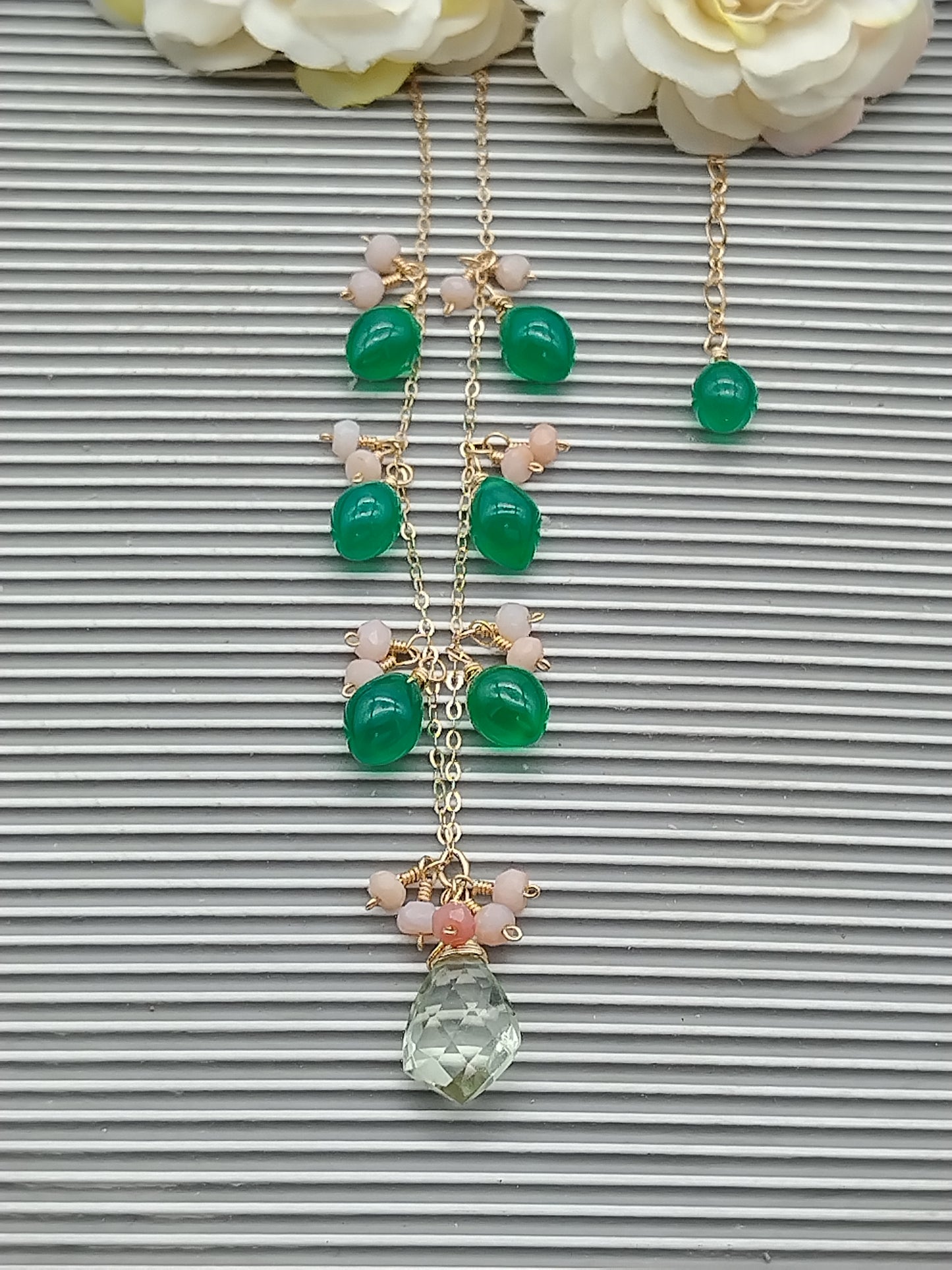 Prasiolite, Green Onyx, Peruvian Pink Opal Dangle Necklace, 14k Gold Filled Drop Necklace, Delicate Gemstone Choker