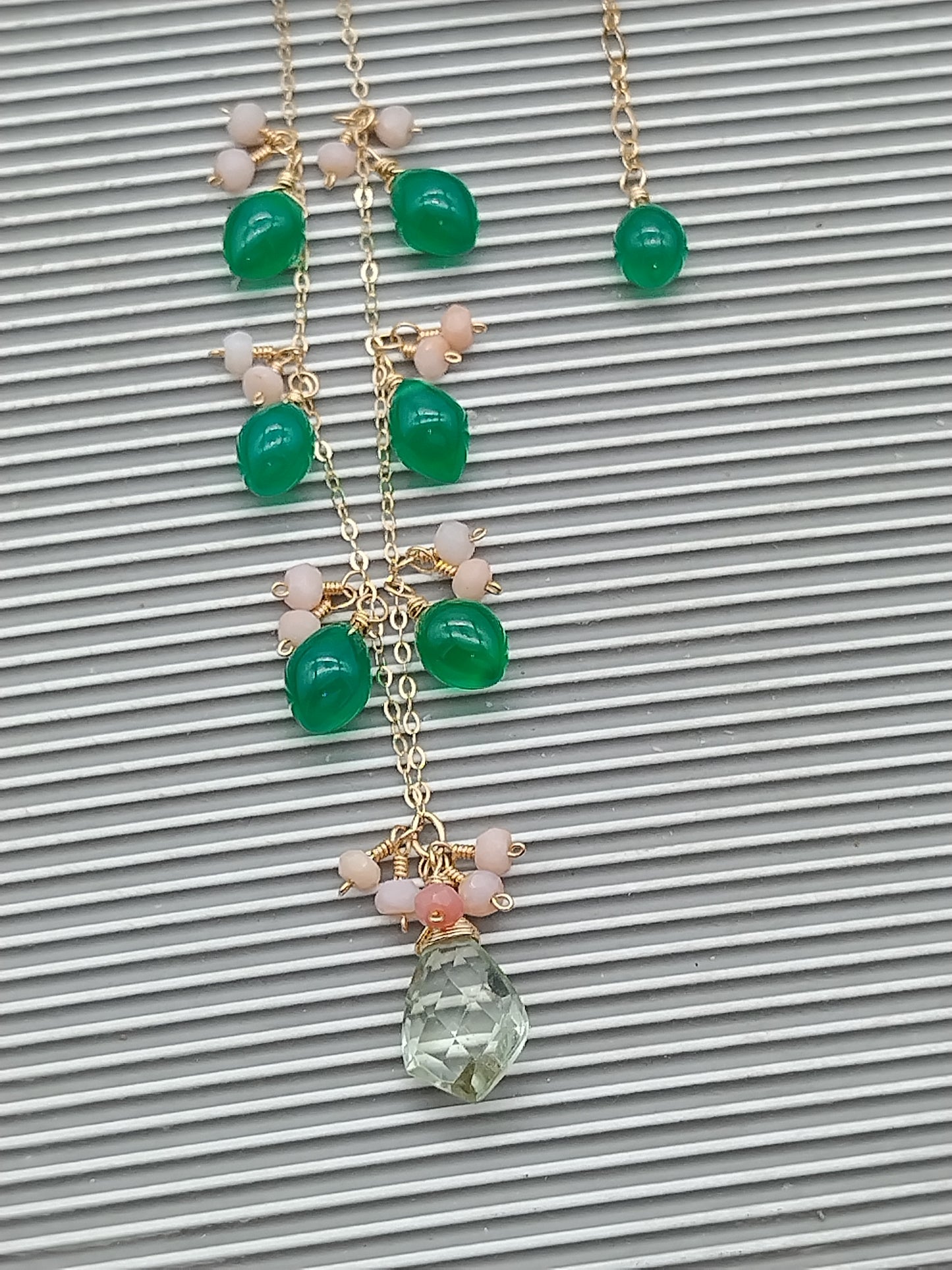 Prasiolite, Green Onyx, Peruvian Pink Opal Dangle Necklace, 14k Gold Filled Drop Necklace, Delicate Gemstone Choker