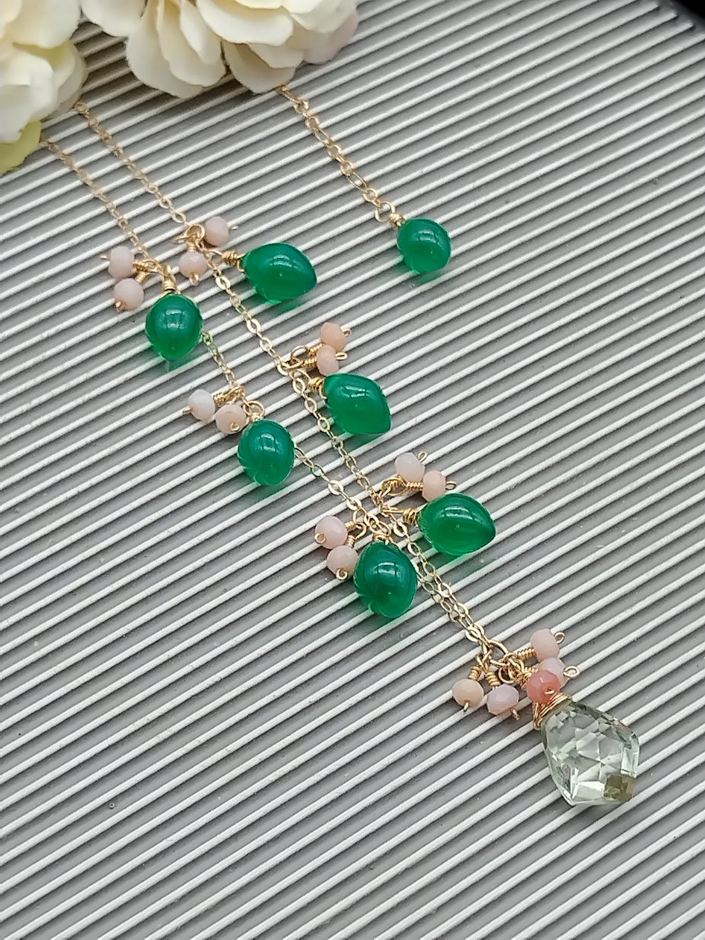 Prasiolite, Green Onyx, Peruvian Pink Opal Dangle Necklace, 14k Gold Filled Drop Necklace, Delicate Gemstone Choker