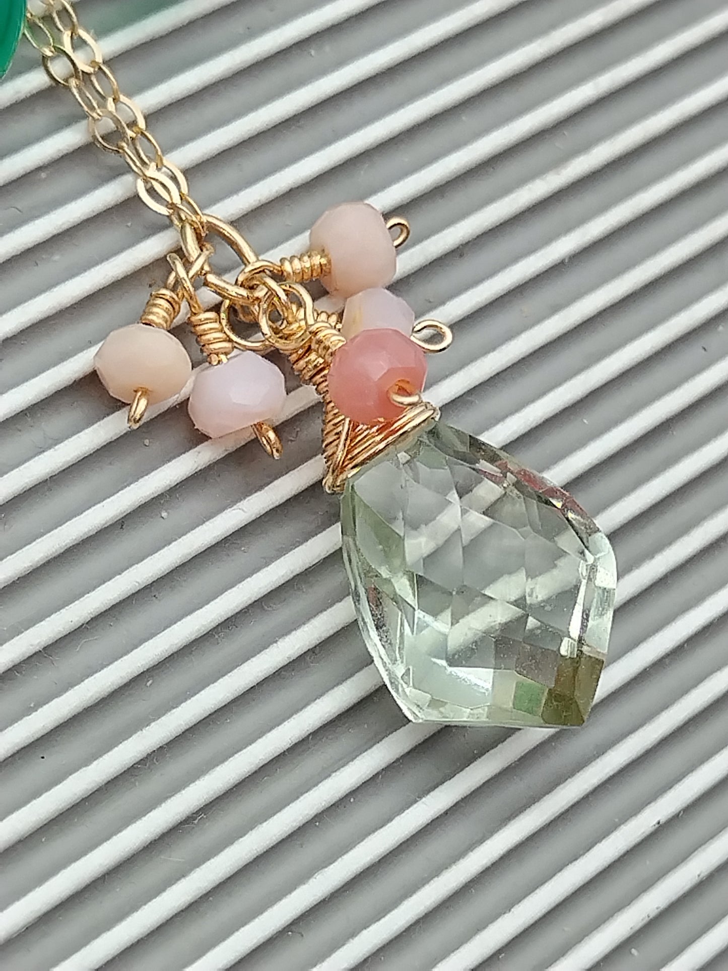 Prasiolite, Green Onyx, Peruvian Pink Opal Dangle Necklace, 14k Gold Filled Drop Necklace, Delicate Gemstone Choker