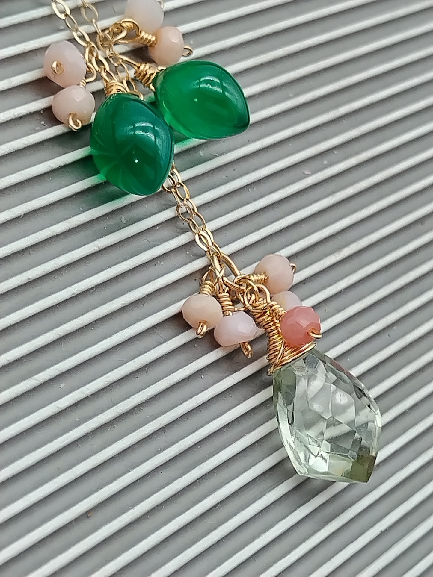 Prasiolite, Green Onyx, Peruvian Pink Opal Dangle Necklace, 14k Gold Filled Drop Necklace, Delicate Gemstone Choker