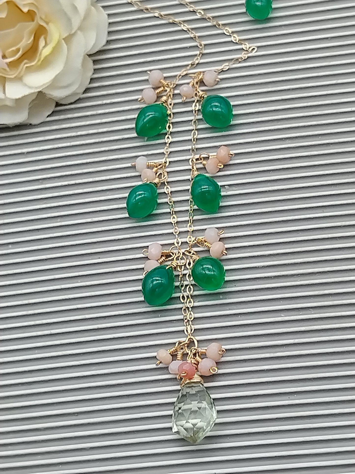 Prasiolite, Green Onyx, Peruvian Pink Opal Dangle Necklace, 14k Gold Filled Drop Necklace, Delicate Gemstone Choker