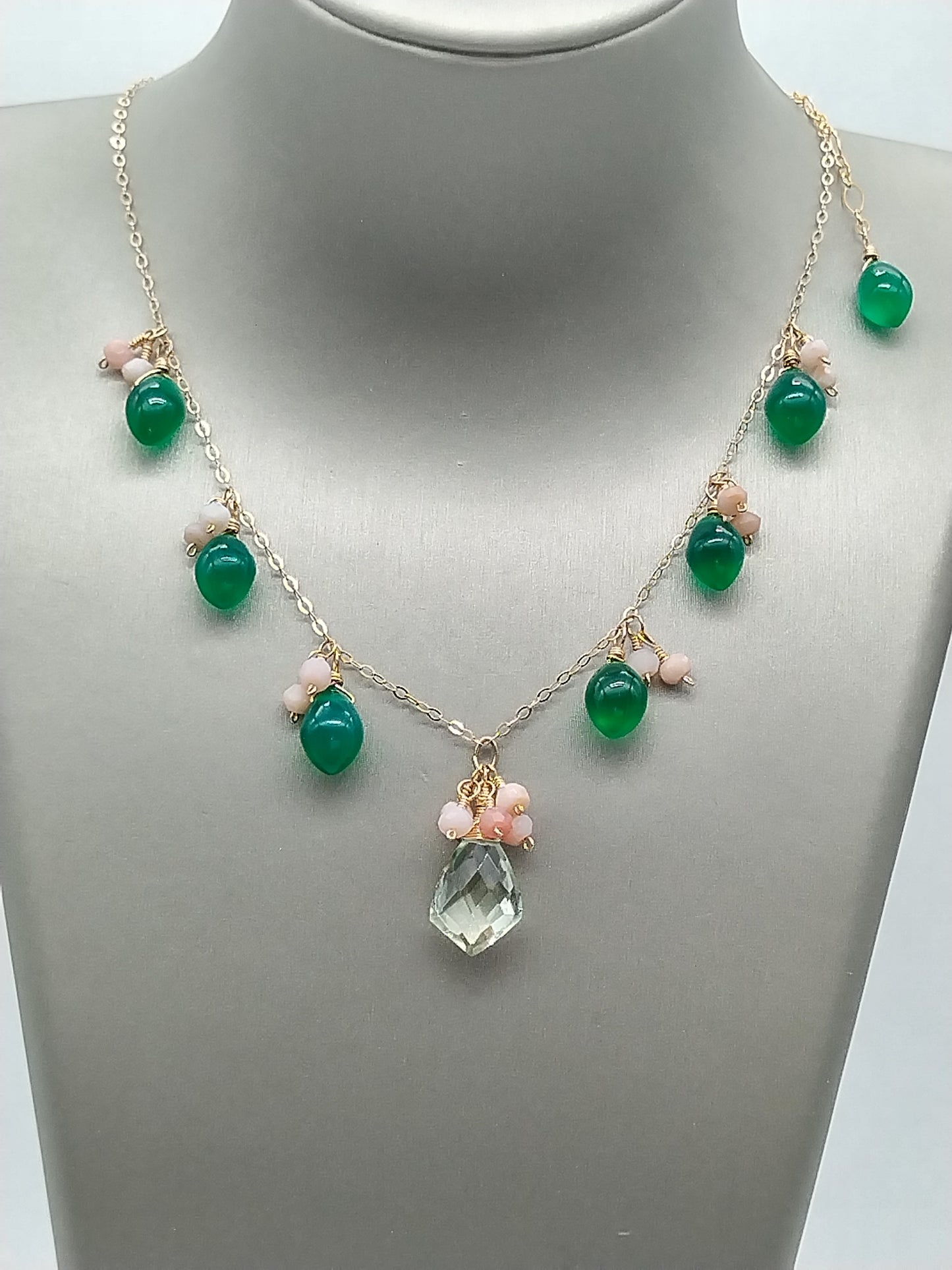 Prasiolite, Green Onyx, Peruvian Pink Opal Dangle Necklace, 14k Gold Filled Drop Necklace, Delicate Gemstone Choker