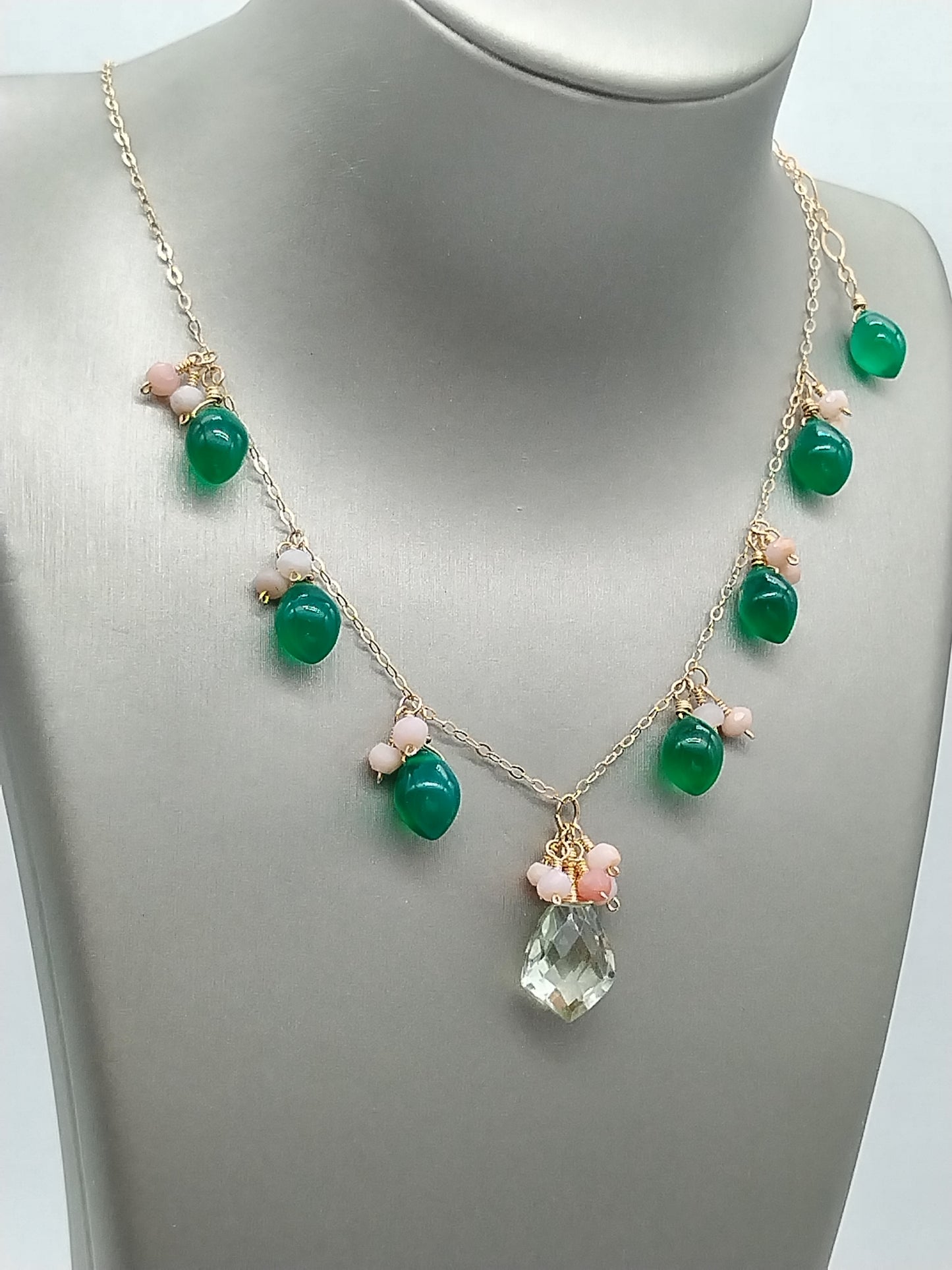 Prasiolite, Green Onyx, Peruvian Pink Opal Dangle Necklace, 14k Gold Filled Drop Necklace, Delicate Gemstone Choker