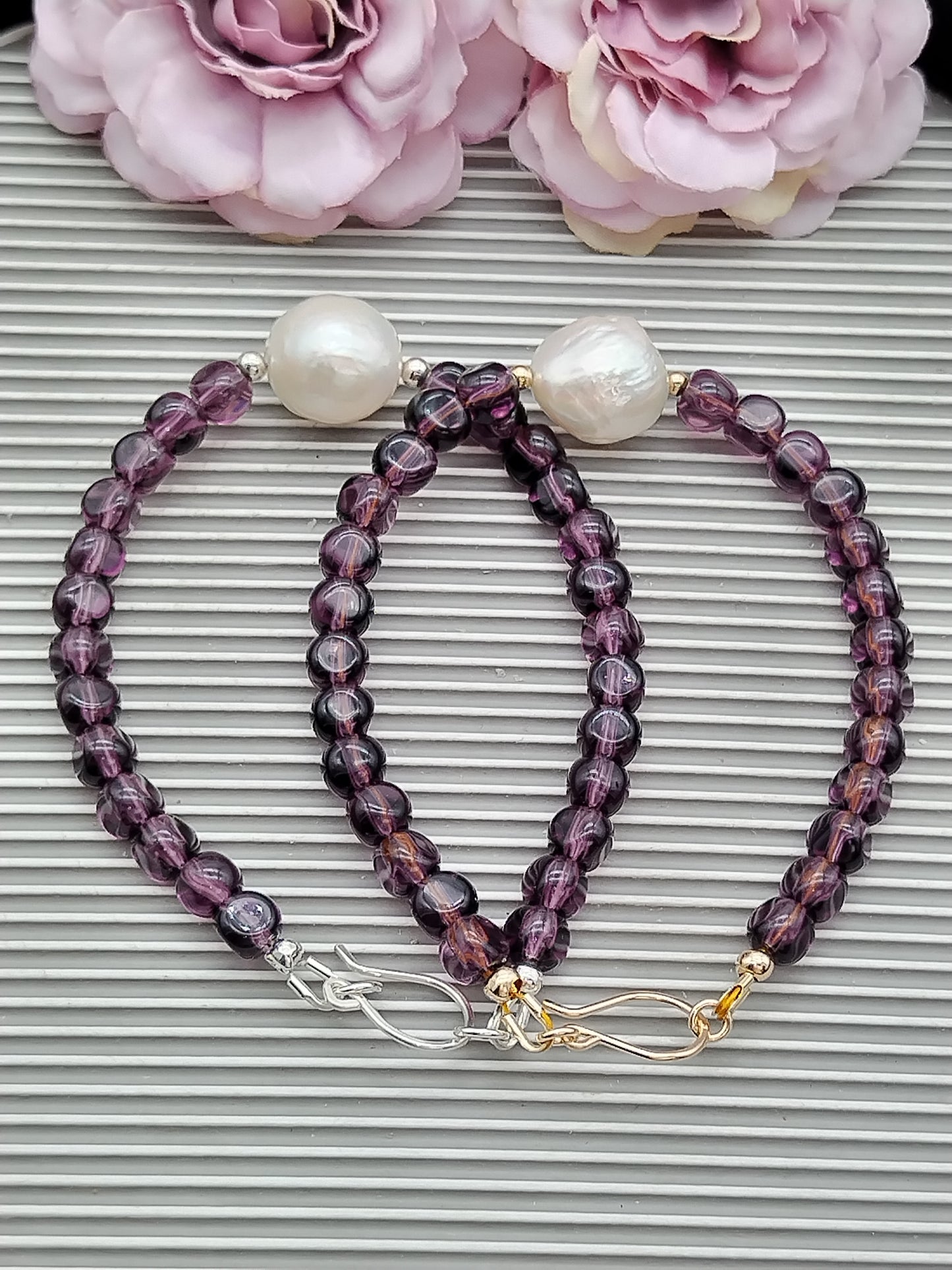 Edison Pearl & Amethyst nuggets Bracelet, Sterling Silver, 14k Gold Filled, Gemstone Beaded Bracelet