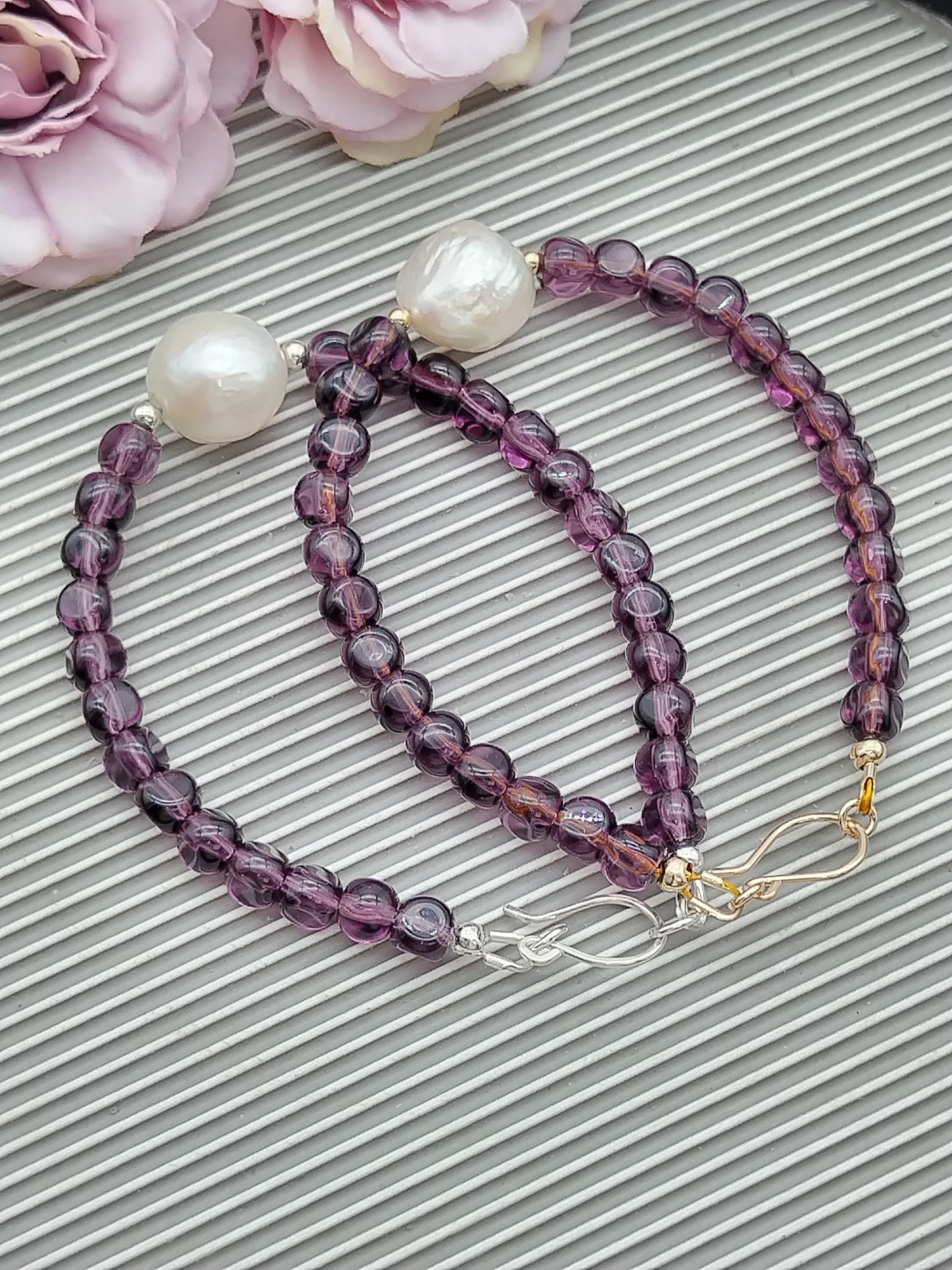 Armband mit Edison-Perlen und Amethystnuggets, Sterlingsilber, 14 Karat Gold gefüllt, Armband mit Edelsteinperlen