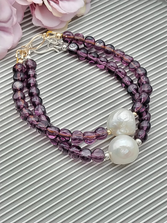 Edison Pearl & Amethyst nuggets Bracelet, Sterling Silver, 14k Gold Filled, Gemstone Beaded Bracelet