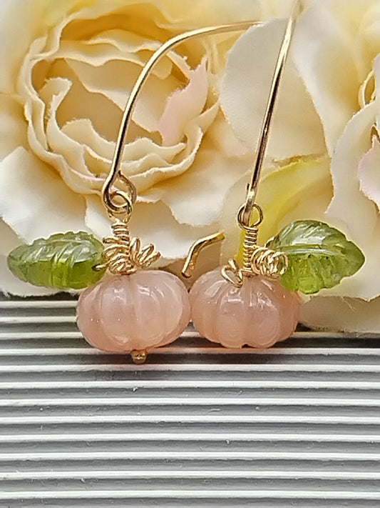 Moonstone Pumpkin & Peridot Leave Earrings, 14k Gold Filled Dangle Earrings, Unique Delicate Jewelry