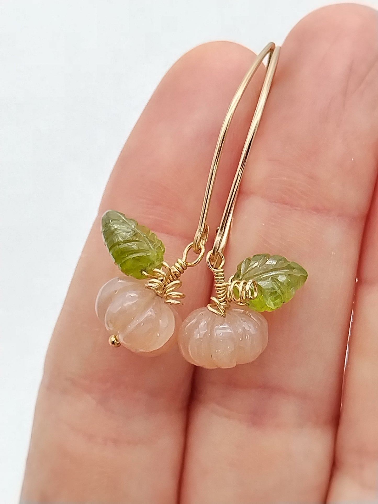 Moonstone Pumpkin & Peridot Leave Earrings, 14k Gold Filled Dangle Earrings, Unique Delicate Jewelry