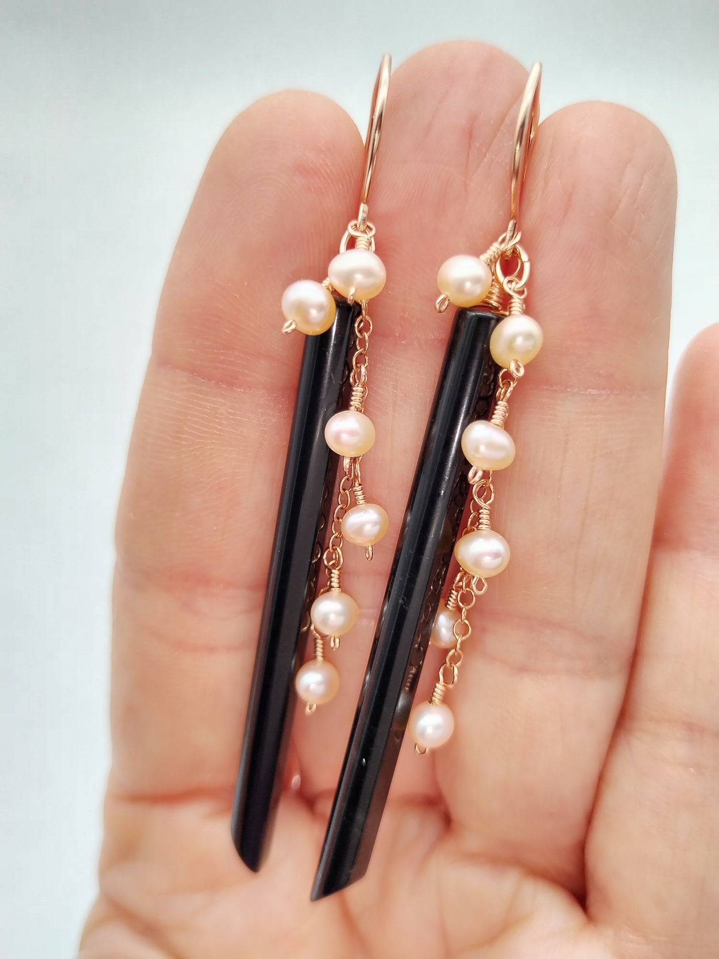 Gemstone Stick Dangle Earrings, 14k Gold filled Long Earrings, Obsidian, Labradorite & Pearls Earrings, Dainty Earrings