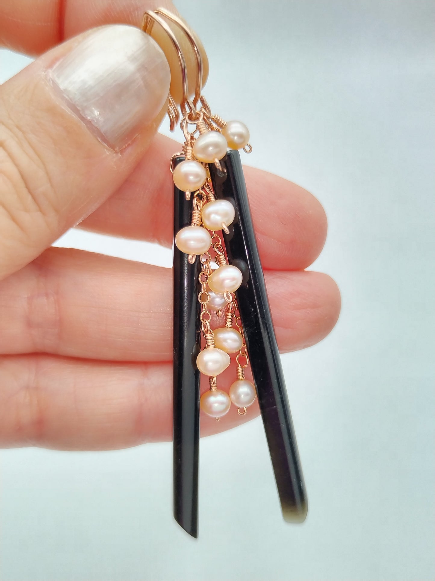 Gemstone Stick Dangle Earrings, 14k Gold filled Long Earrings, Obsidian, Labradorite & Pearls Earrings, Dainty Earrings