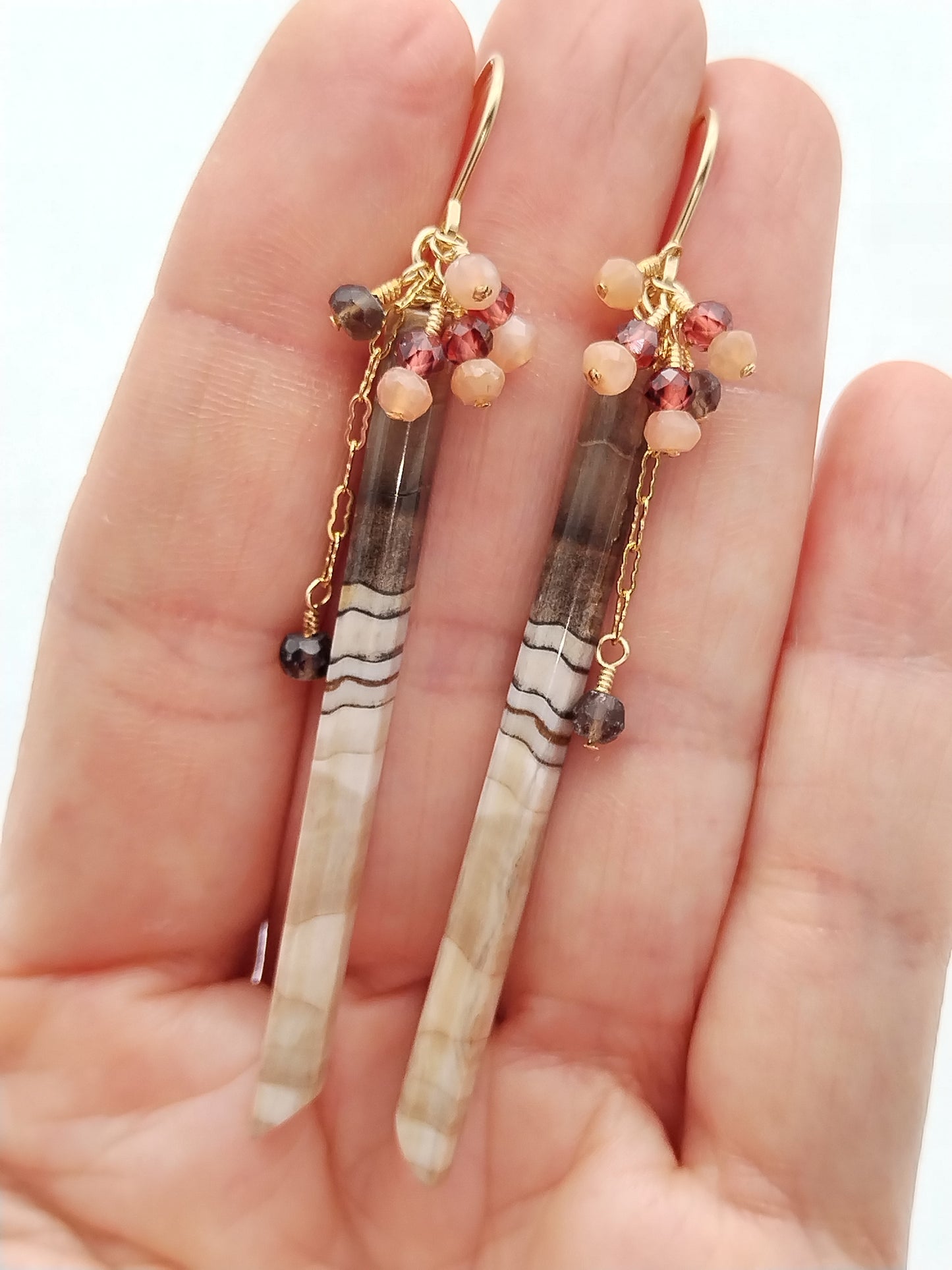 Fossil Wood Earrings, 14k Gold Filled Long Dangles, Gemstone Stick Earrings, Delicate Earrings