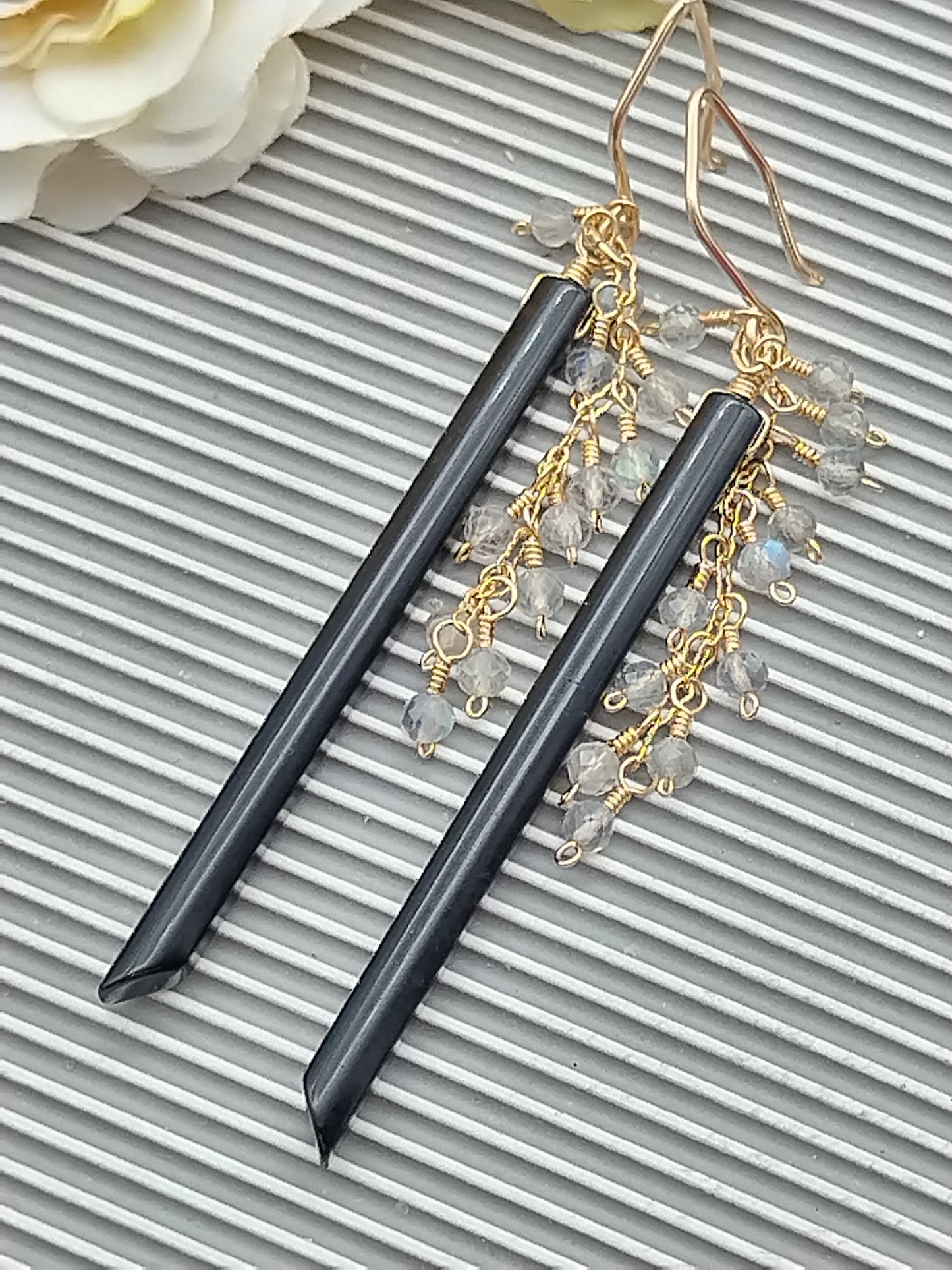 Gemstone Stick Dangle Earrings, 14k Gold filled Long Earrings, Obsidian, Labradorite & Pearls Earrings, Dainty Earrings