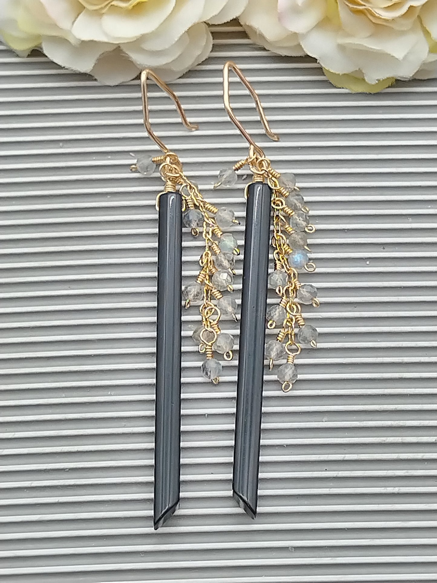 Gemstone Stick Dangle Earrings, 14k Gold filled Long Earrings, Obsidian, Labradorite & Pearls Earrings, Dainty Earrings