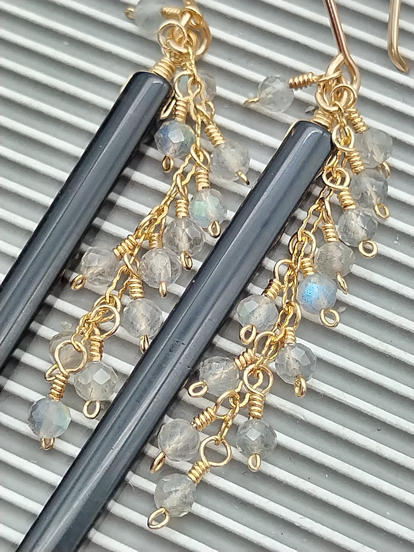 Gemstone Stick Dangle Earrings, 14k Gold filled Long Earrings, Obsidian, Labradorite & Pearls Earrings, Dainty Earrings