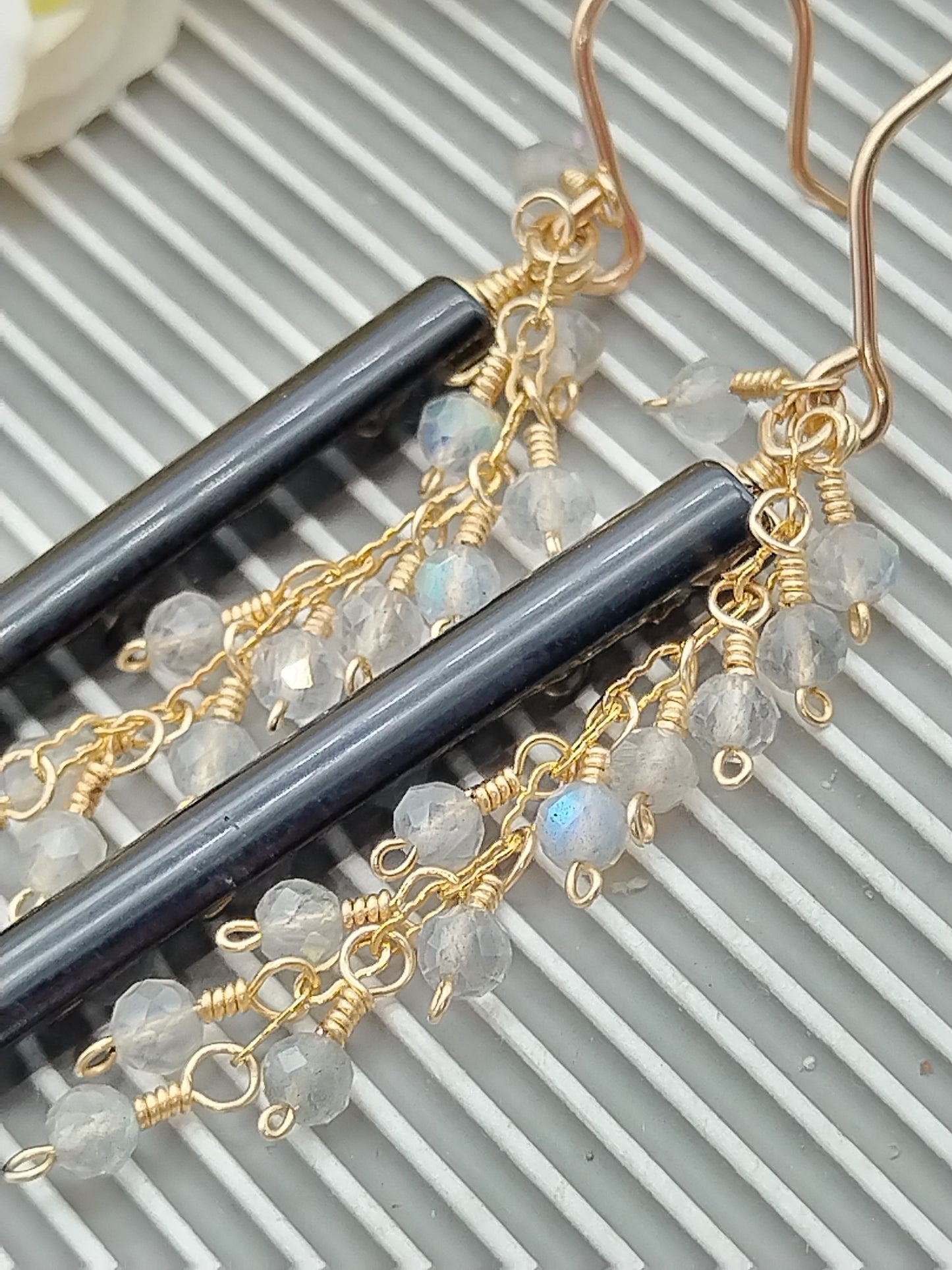 Gemstone Stick Dangle Earrings, 14k Gold filled Long Earrings, Obsidian, Labradorite & Pearls Earrings, Dainty Earrings