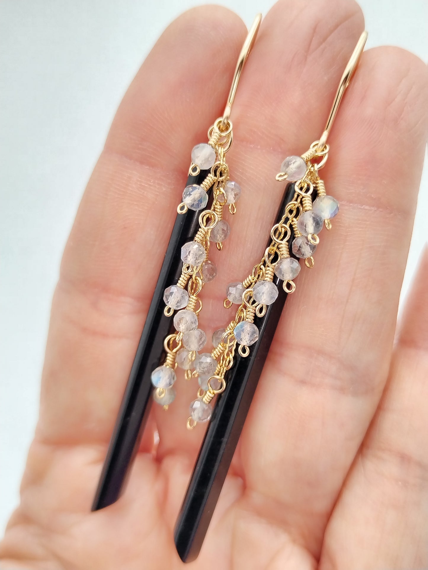 Gemstone Stick Dangle Earrings, 14k Gold filled Long Earrings, Obsidian, Labradorite & Pearls Earrings, Dainty Earrings