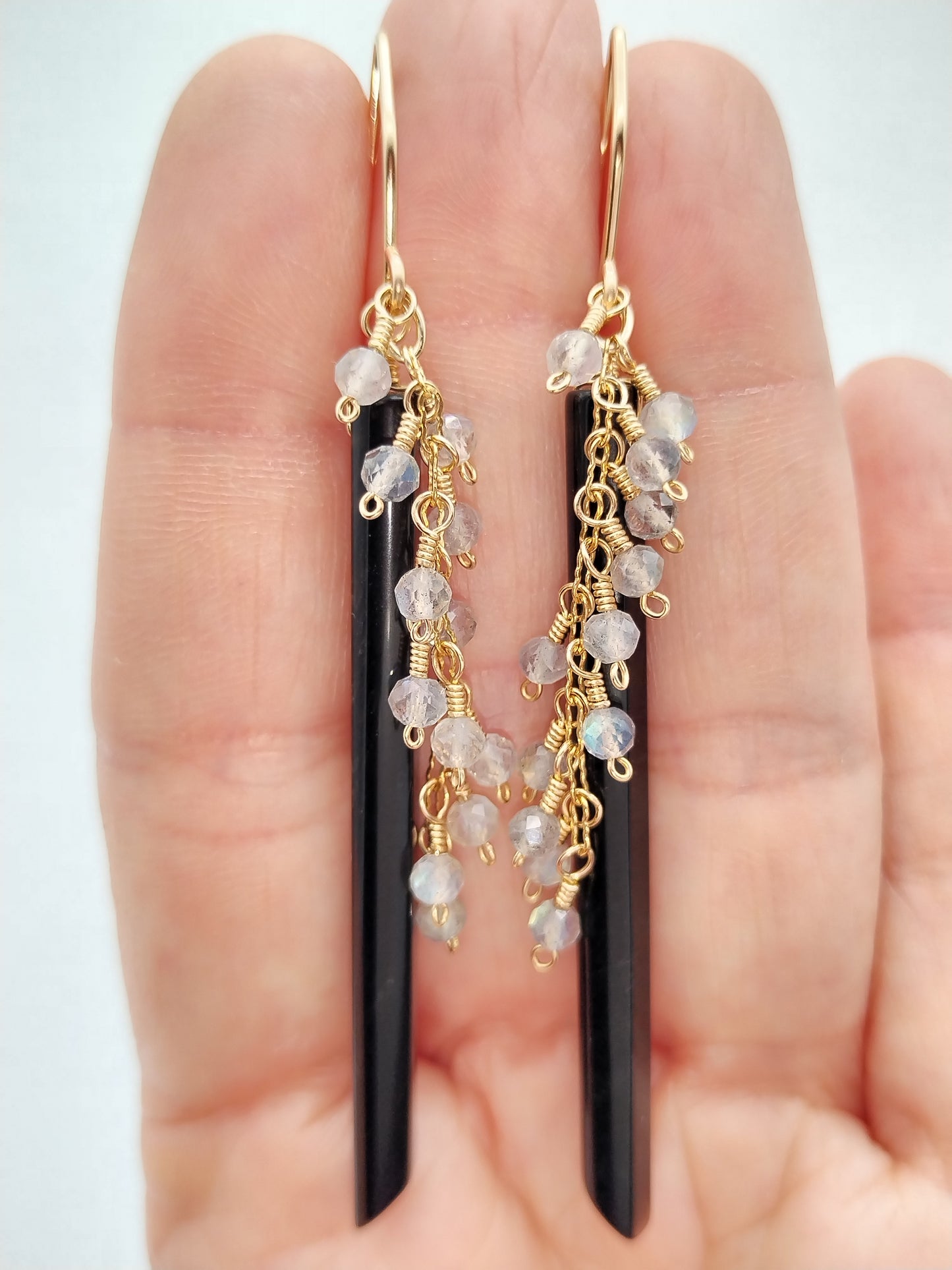 Gemstone Stick Dangle Earrings, 14k Gold filled Long Earrings, Obsidian, Labradorite & Pearls Earrings, Dainty Earrings