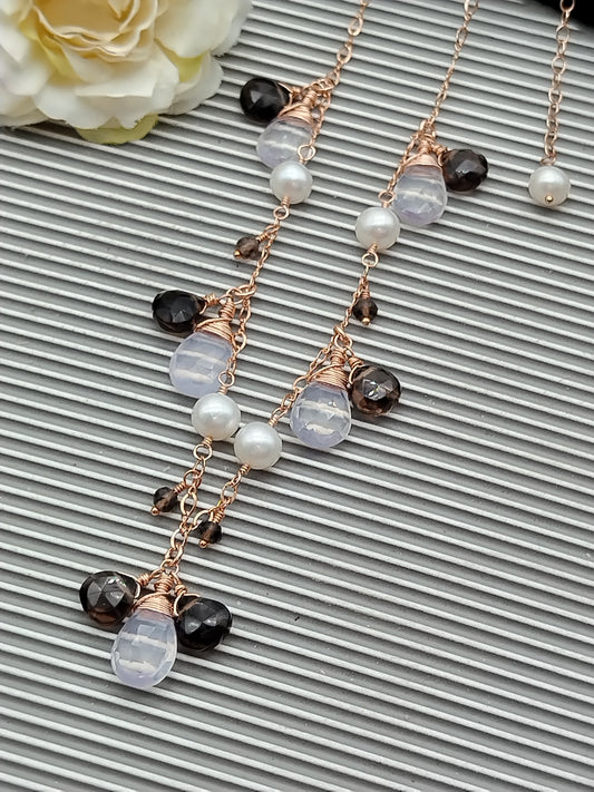 Quartz & Pearls Dainty Necklace. 14k Rose Gold filled Choker, Drop Dangling Gemstone Necklace