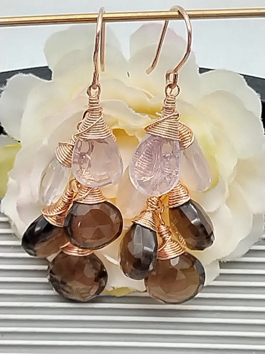 Lavender & Smoky Quartz Earrings, Gemstone Dangle Drop Earrings, 14k Rose Gold Filled, Cluster Earrings