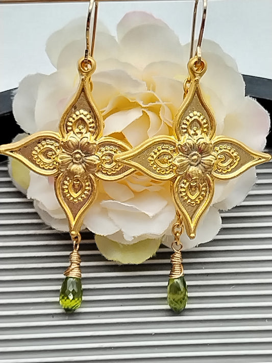 Flower Dangle Earrings, Gold Plated,Peridot Briolette Charm, Large Long Earrings