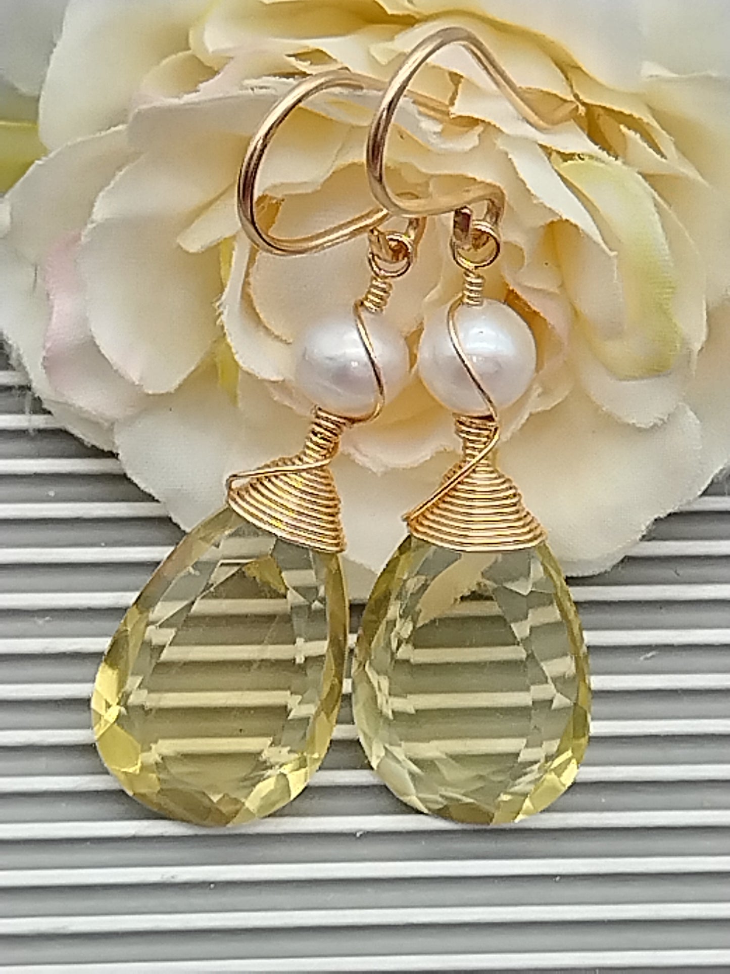 Large Lemon Quartz Drop Earrings, 14k Gold Filled Dangle Earrings, Fresh Water Pearl Earrings