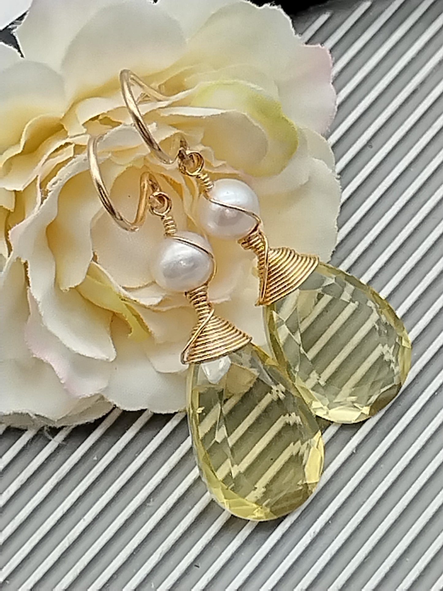 Large Lemon Quartz Drop Earrings, 14k Gold Filled Dangle Earrings, Fresh Water Pearl Earrings