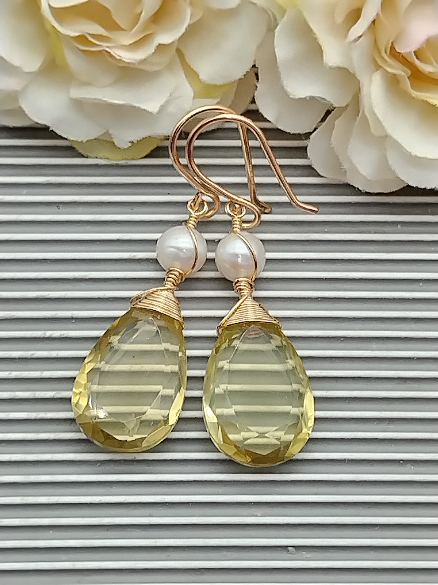 Large Lemon Quartz Drop Earrings, 14k Gold Filled Dangle Earrings, Fresh Water Pearl Earrings