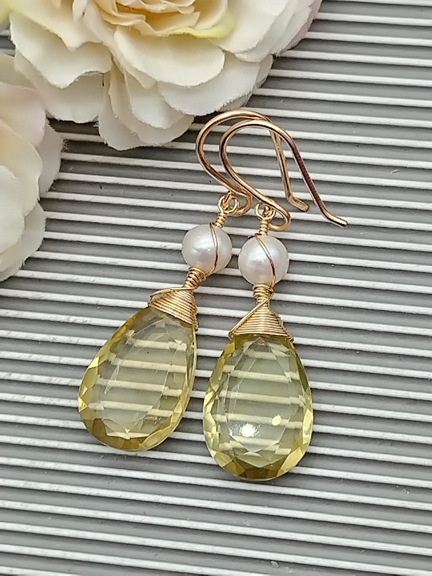 Large Lemon Quartz Drop Earrings, 14k Gold Filled Dangle Earrings, Fresh Water Pearl Earrings