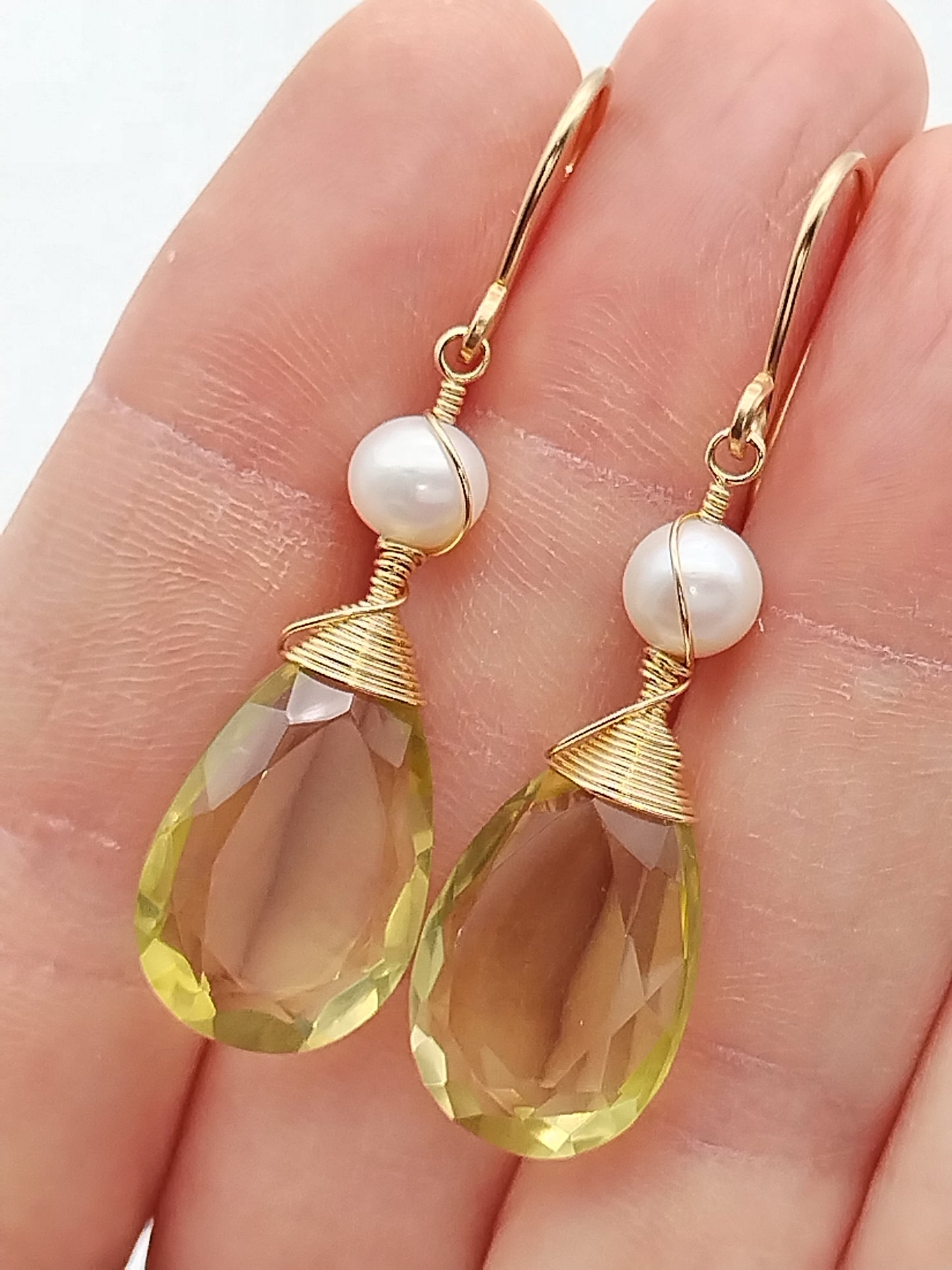 Large Lemon Quartz Drop Earrings, 14k Gold Filled Dangle Earrings, Fresh Water Pearl Earrings