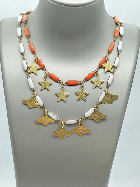 Star & Gingko Choker, Enamel Puffed Bar Brass Necklace, Dazzling Charm Necklace, Cool Layering Necklace