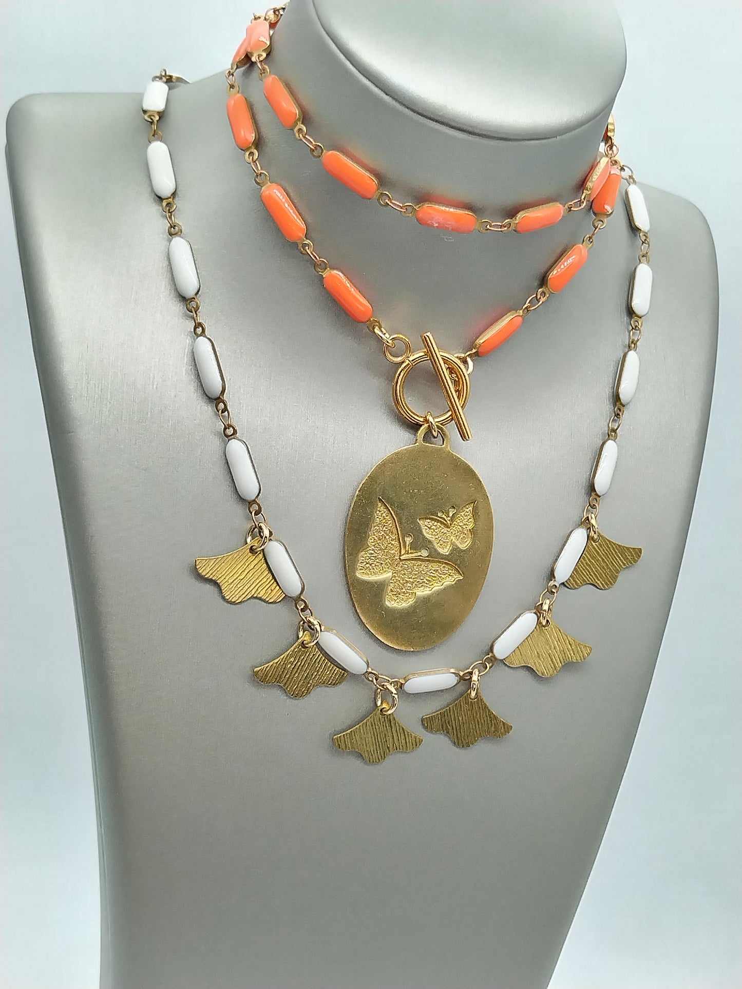 Butterfly Medallion Choker, Orange Enamel Puffed Bar Chain, Toggle front Clasp Necklace