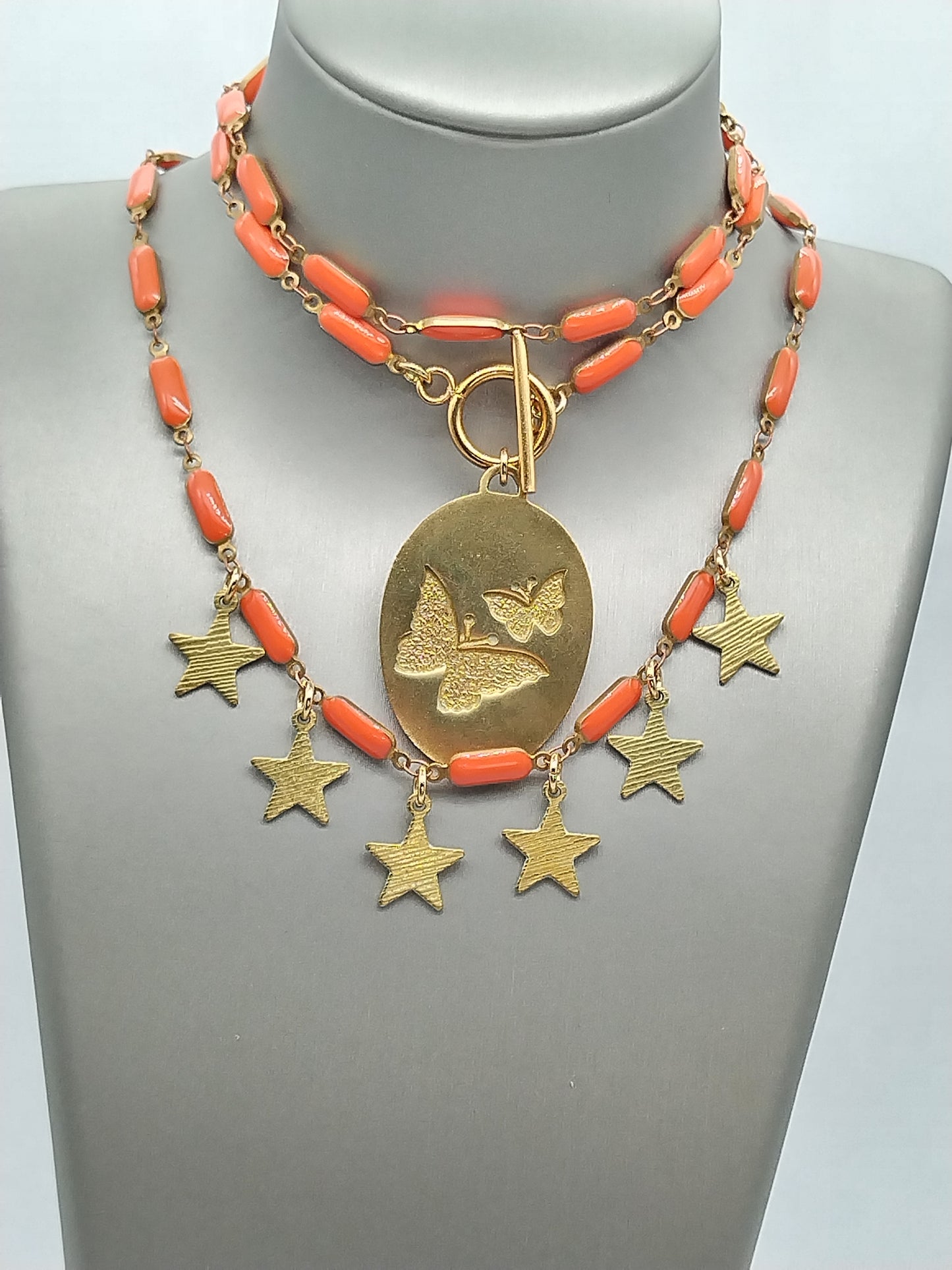 Butterfly Medallion Choker, Orange Enamel Puffed Bar Chain, Toggle front Clasp Necklace