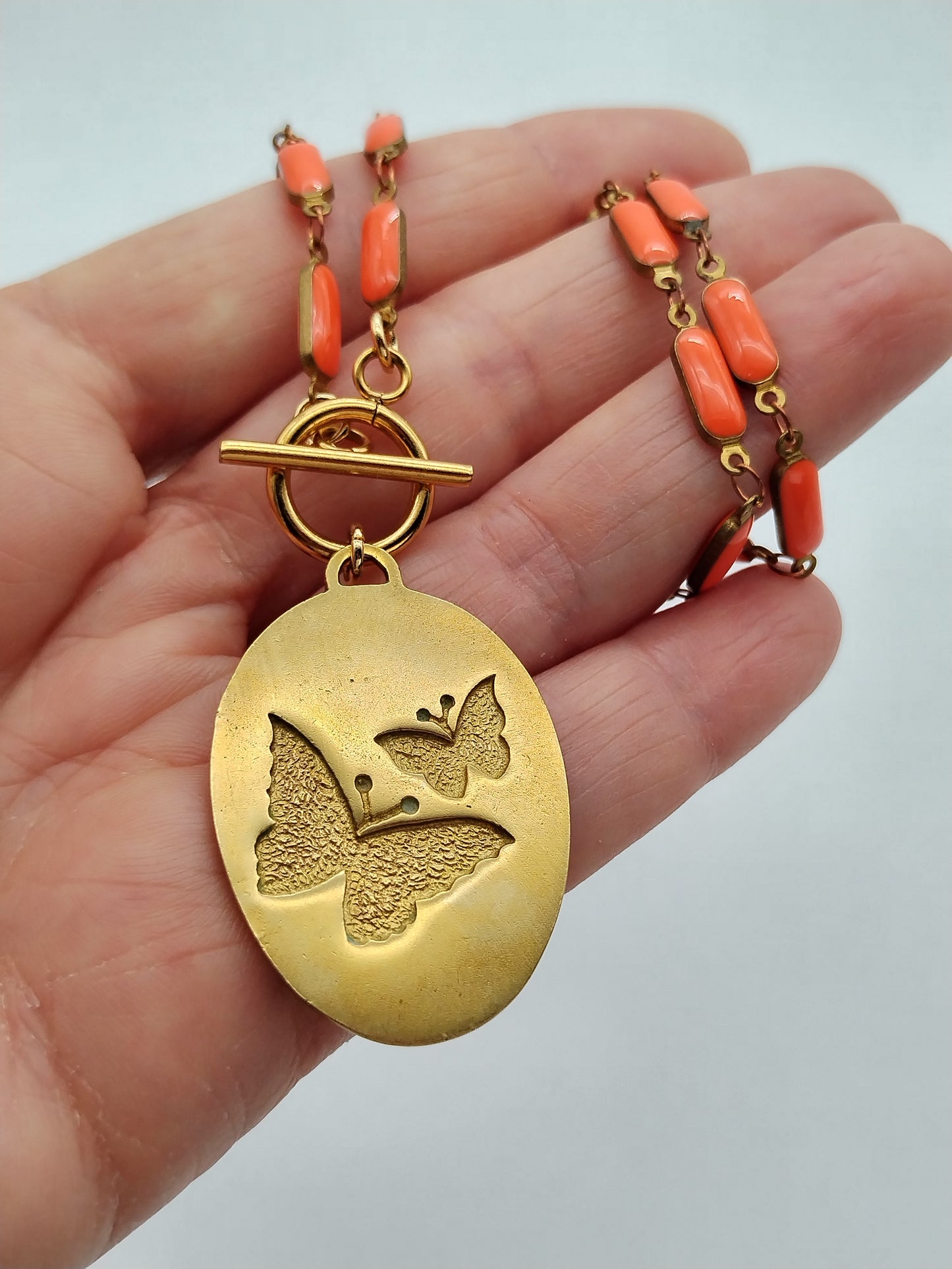 Butterfly Medallion Choker, Orange Enamel Puffed Bar Chain, Toggle front Clasp Necklace