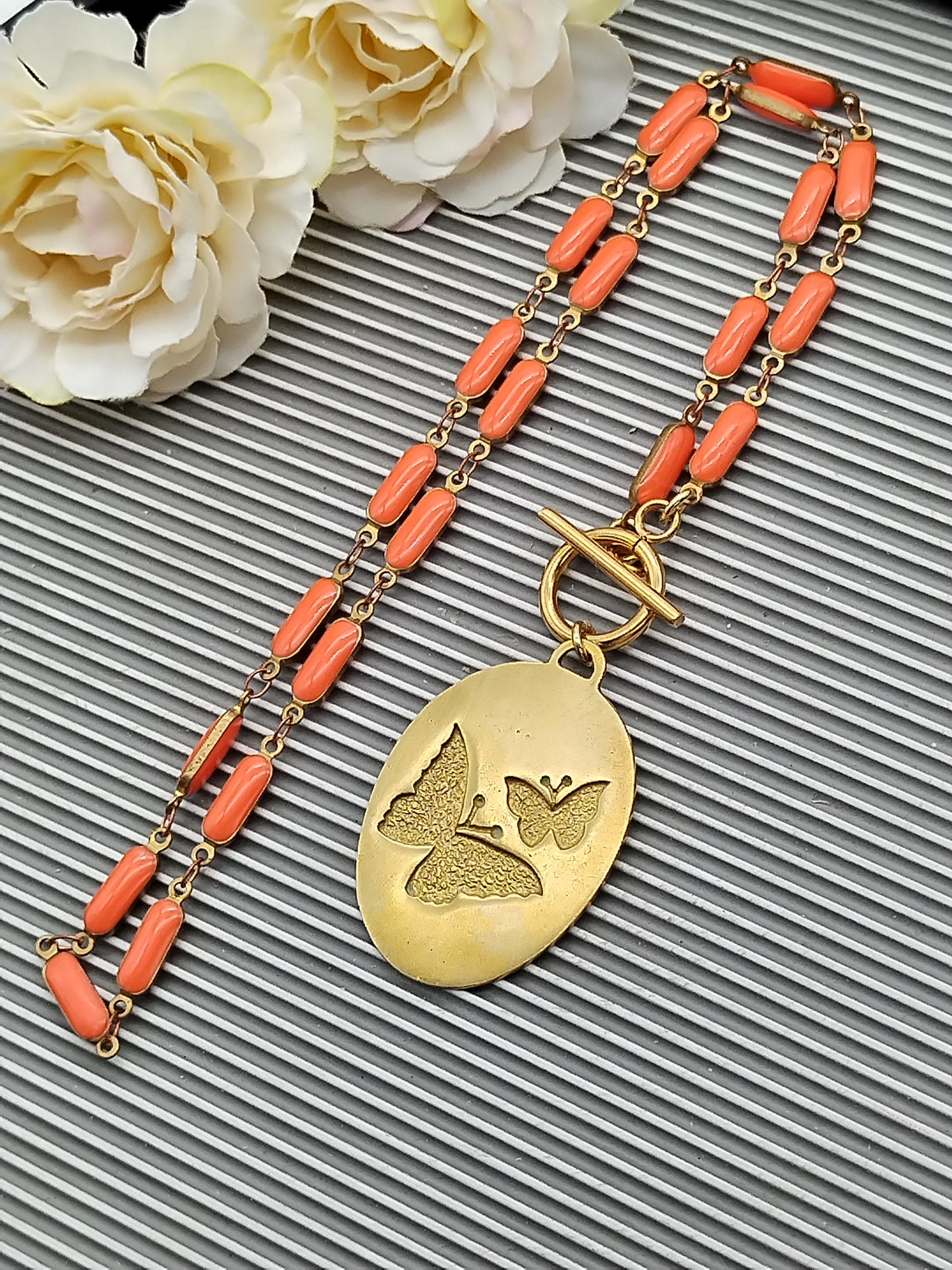 Butterfly Medallion Choker, Orange Enamel Puffed Bar Chain, Toggle front Clasp Necklace