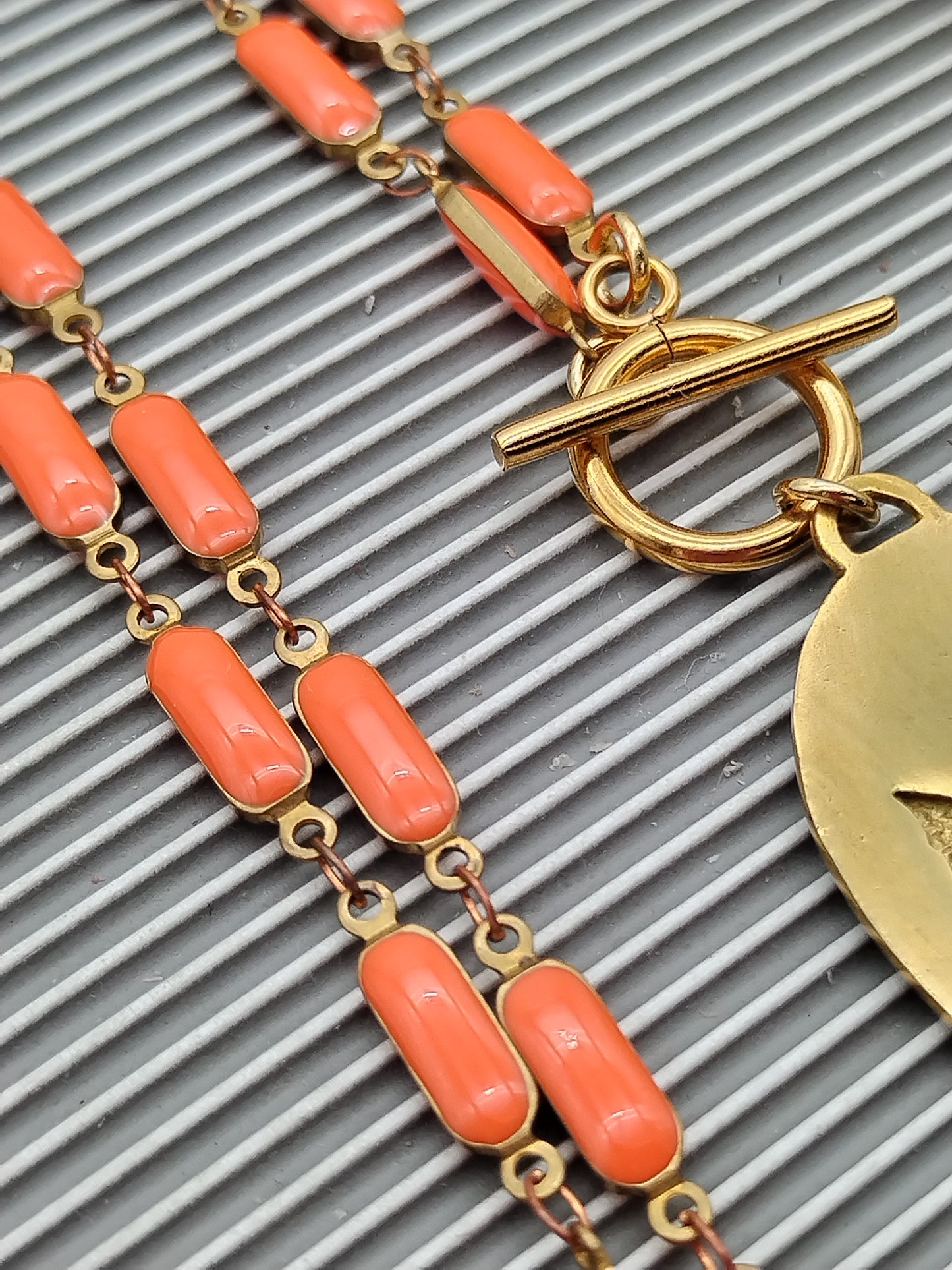 Butterfly Medallion Choker, Orange Enamel Puffed Bar Chain, Toggle front Clasp Necklace