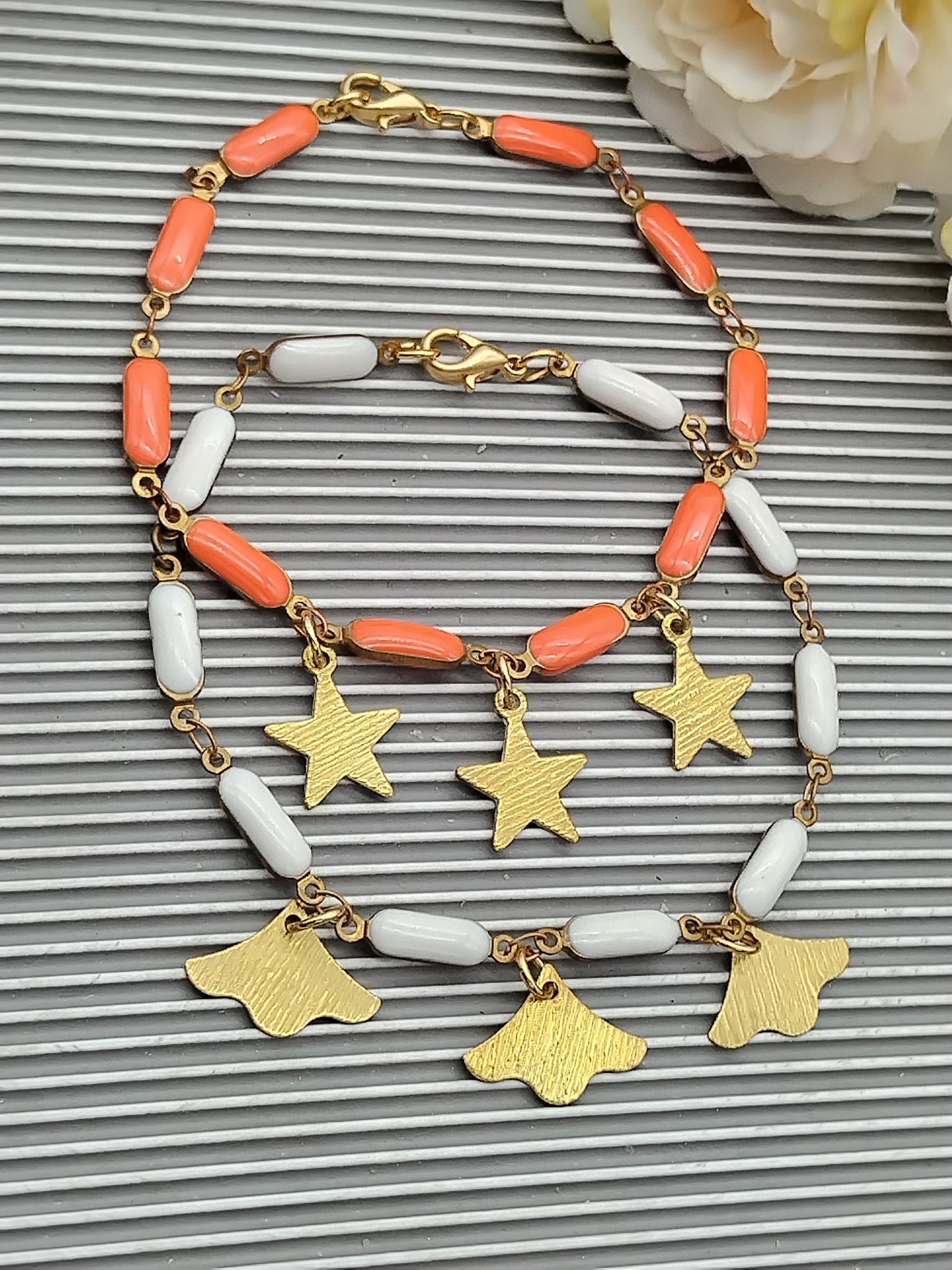 Star & Gingko Charm Bracelet, Enamel Puffed Bar Bracelet, Orange and White Bracelet